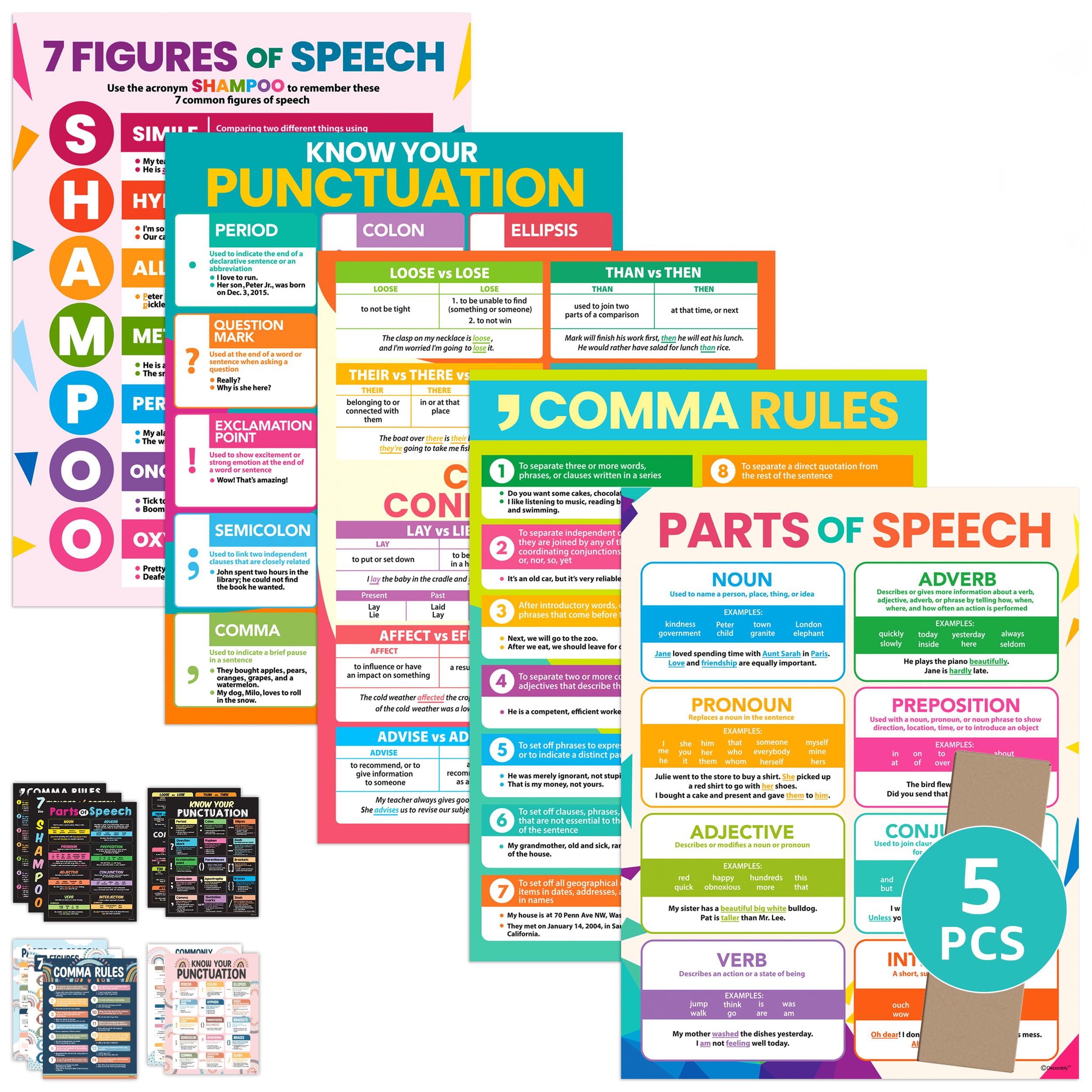 Decorably 5 Vibrant English Posters For Classroom, 17X22In Matte-Laminated Educational English Classroom Decor