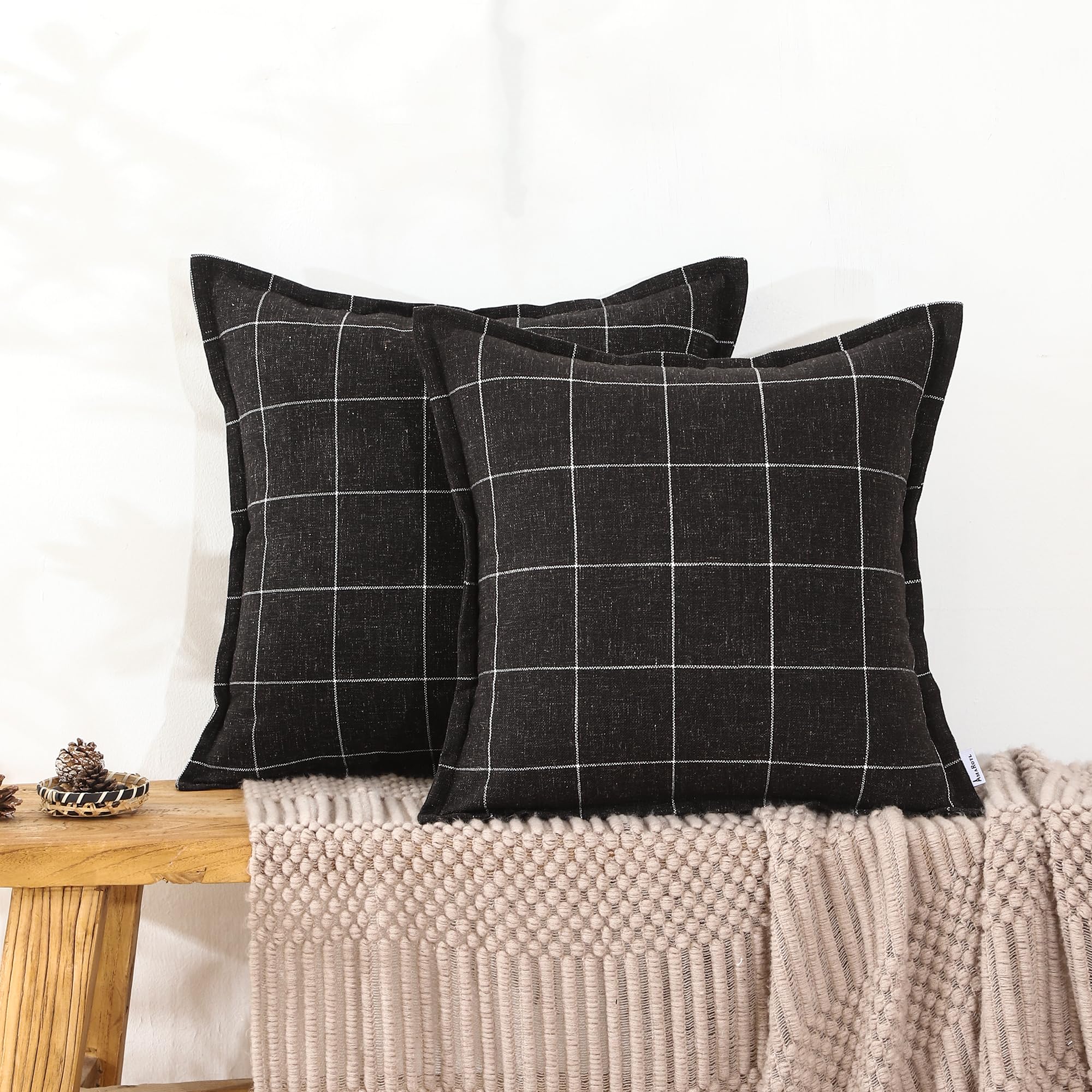 Amaroti Plaid Pillow Black And White Plaid Boho Farmhouse Linen Throw Pillow Covers Set Of 2, 18X18 Inches, Black
