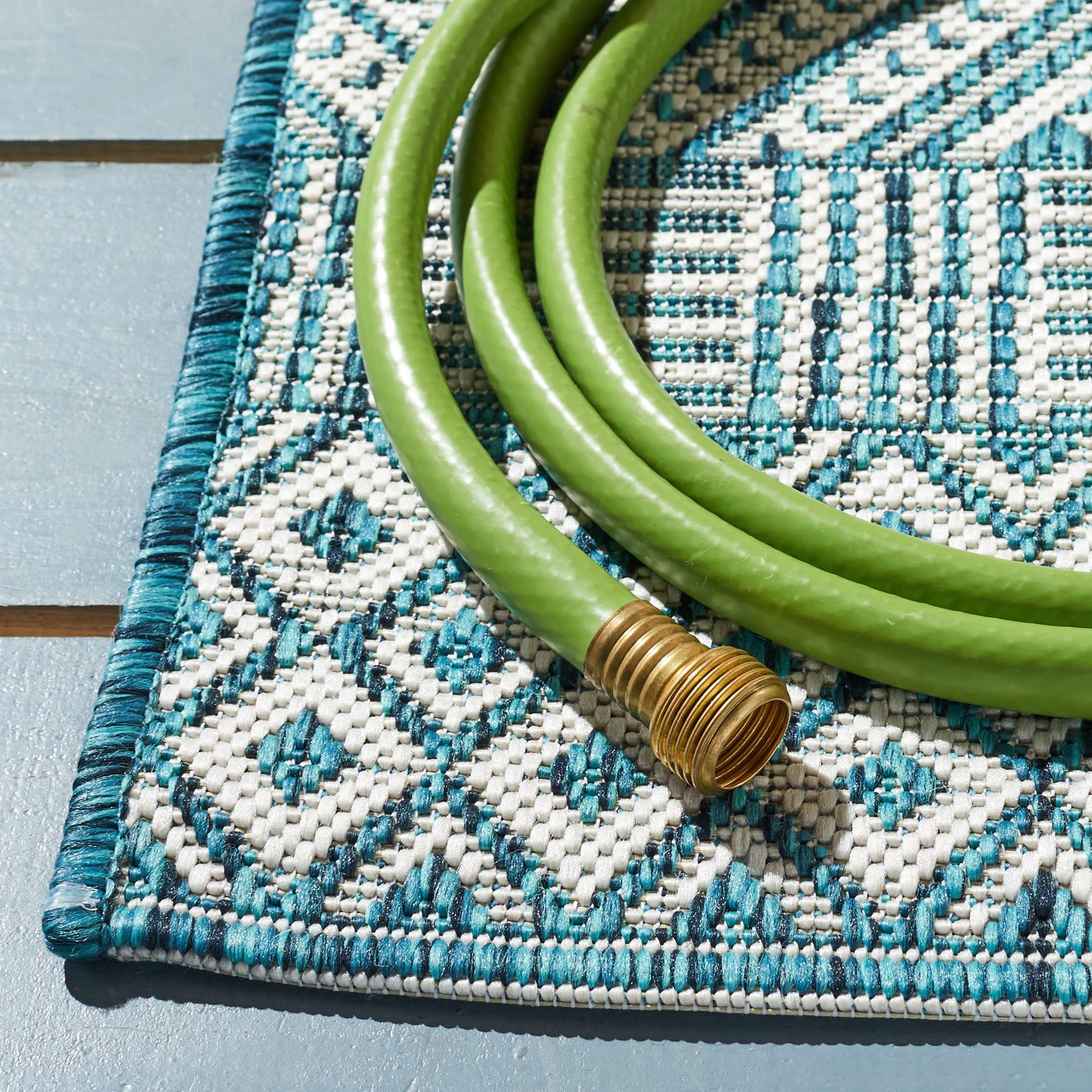 Safavieh Courtyard Collection 2' X 3'7' Ivory/Aqua Cy8235 Moroccan Boho Indoor/ Outside Waterproof Easy Cleansingpatio Backyard