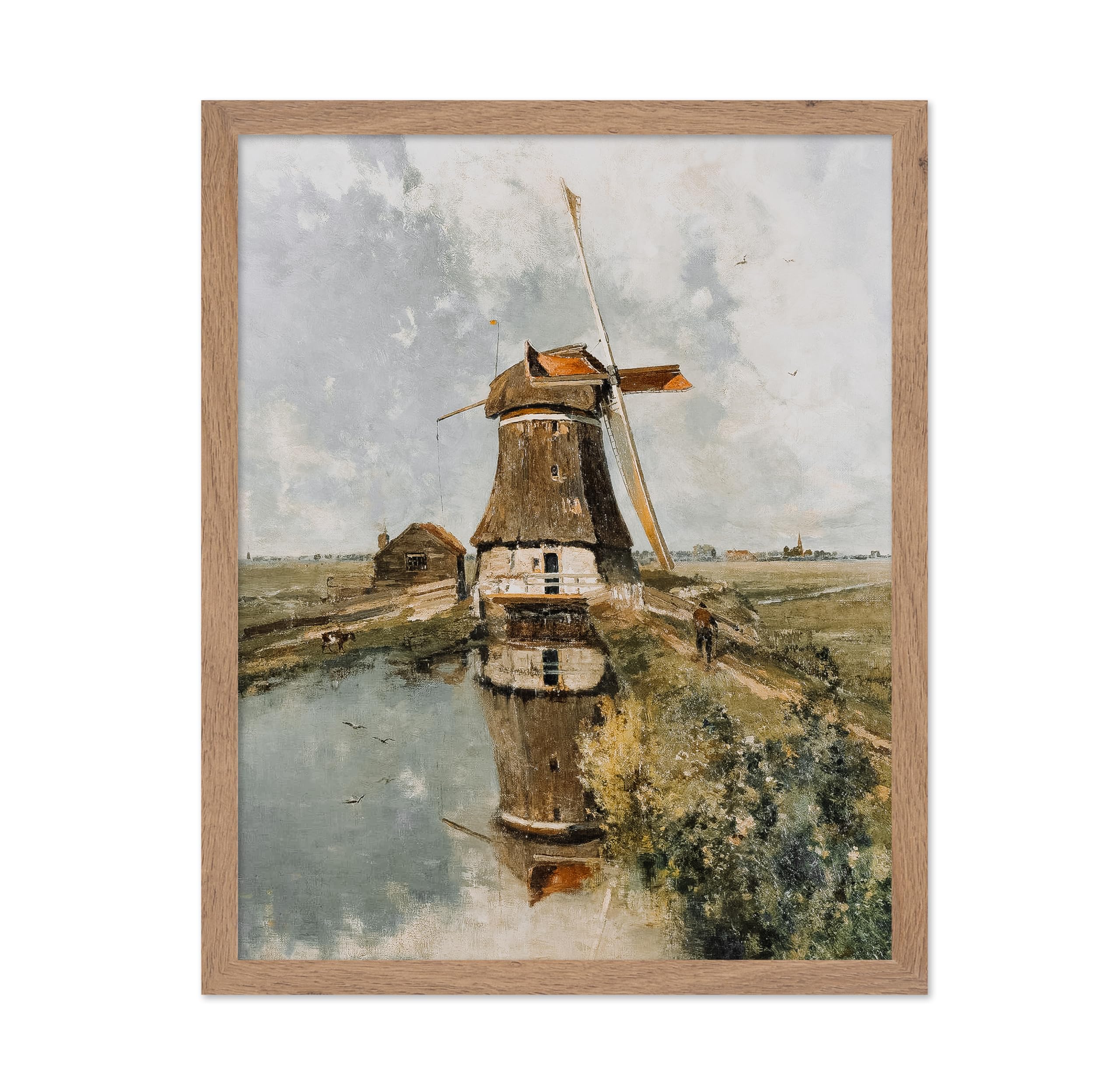 Poster Master Vintage Illustration Poster - Retro Landscape Print - Gift for Artist, Friend - Dutch Windmill On A Polder Waterwa