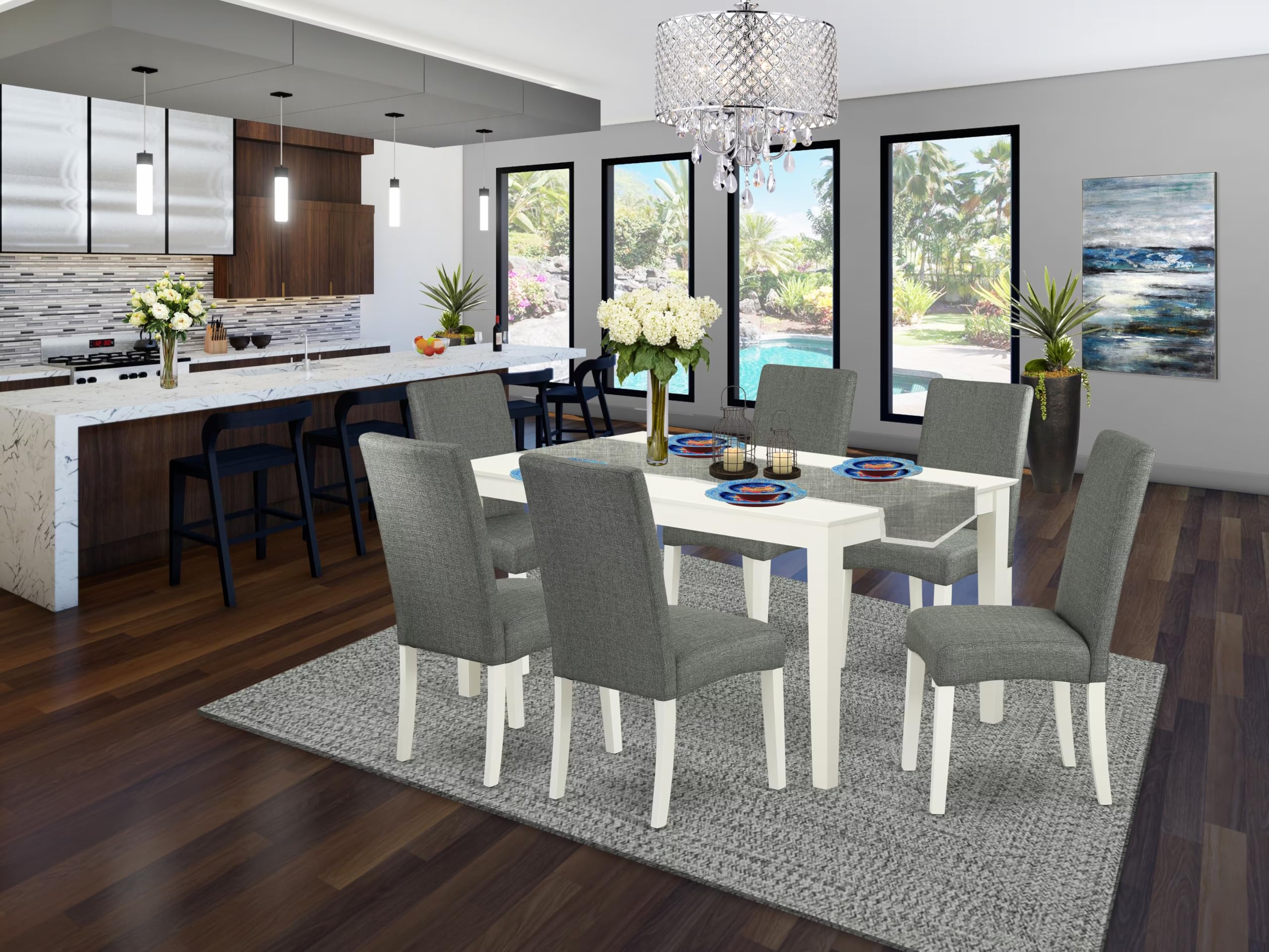 East West Furniture Cadr7-Lwh-07 7 Piece Kitchen Table Set Consist Of A Rectangle Dining Table And 6 Gray Linen Fabric Parson Dining Room Chairs, 36X60 Inch, Linen White