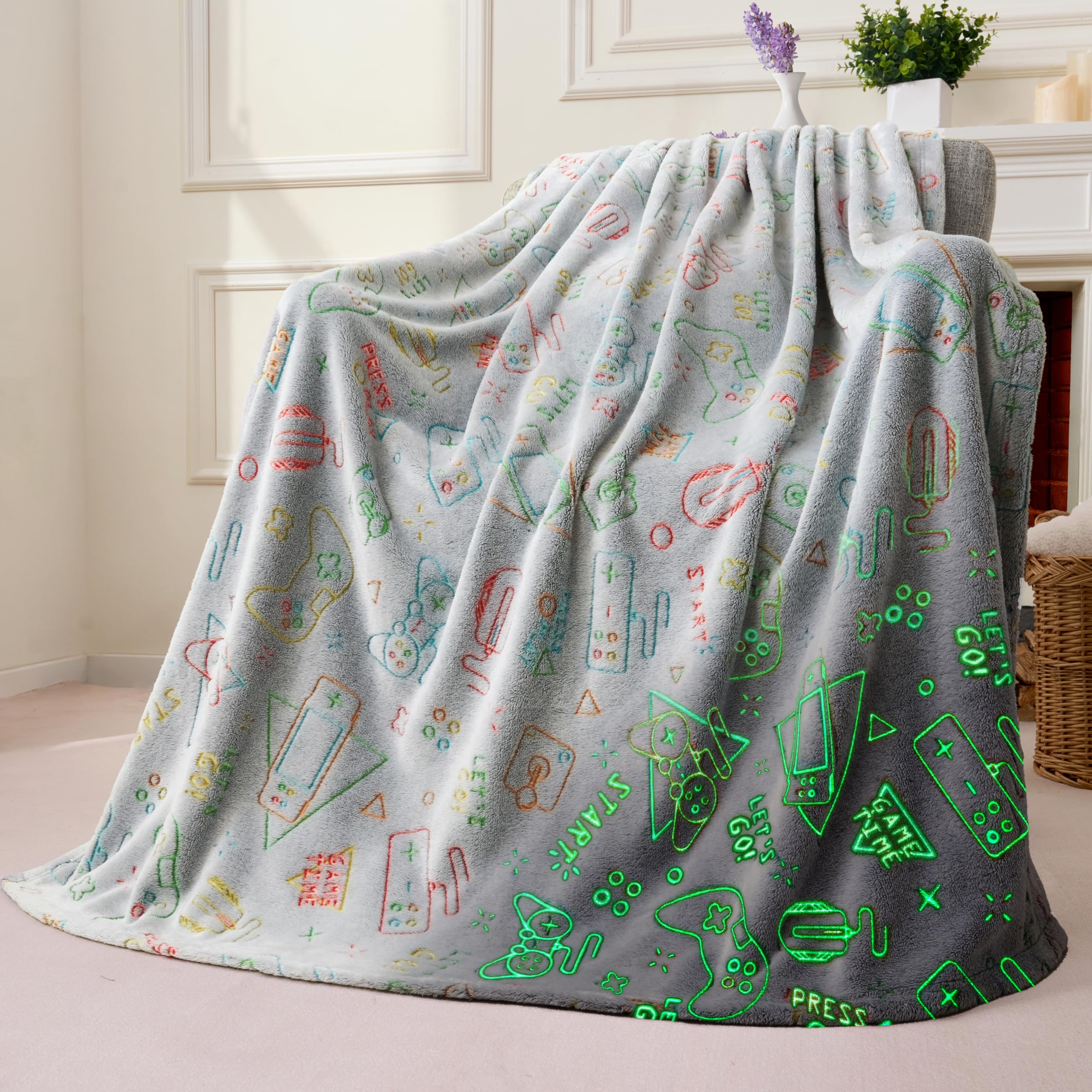 Joiedomi Glow In The Dark Blanket - Gaming Gifts Toys For Boys Age 2 3 4 5 6 7 8 9 10 11 12 Year Old - Soft Cozy Flannel Kids Th