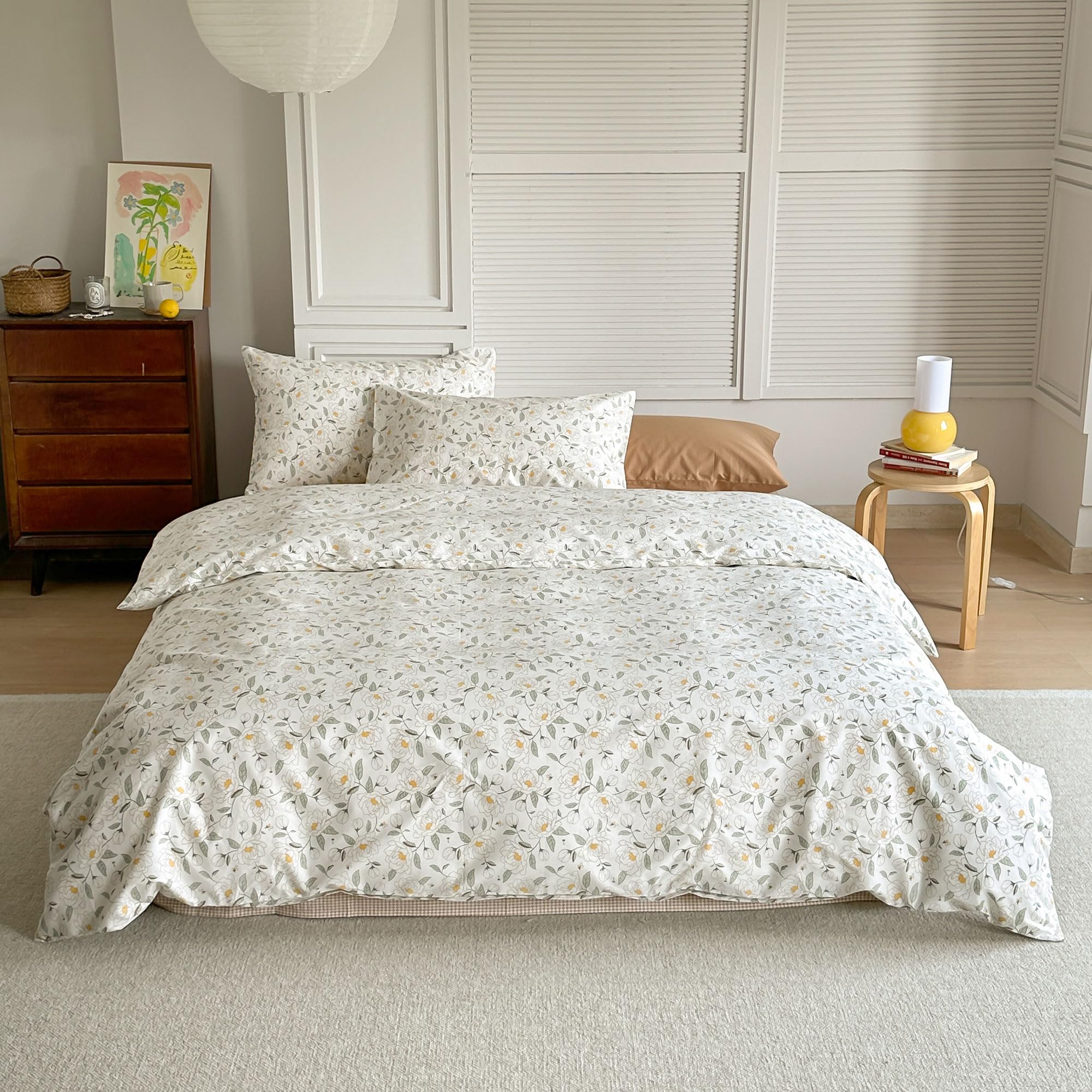 Aojim Kids Adults Duvet Cover Set With Floral Pattern, Soft Comfy 100% Cotton Comforter Cover Set 3Pcs, 1 Reversible Aesthetic Q