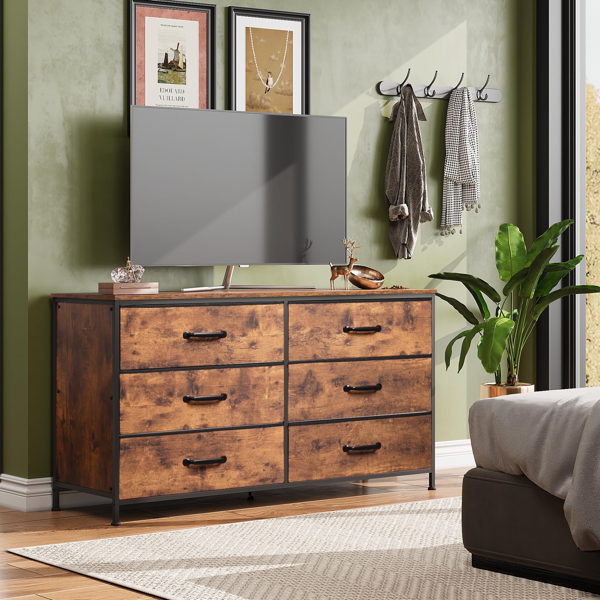 Wlive 6 Drawer Dresser For Bedroom, Wide Fabric Dresser Tv Stand For 60' Tv, Large Storage Tower Unit With Fabric Bins For Bedroom, Closet, Hallway, Rustic Brown
