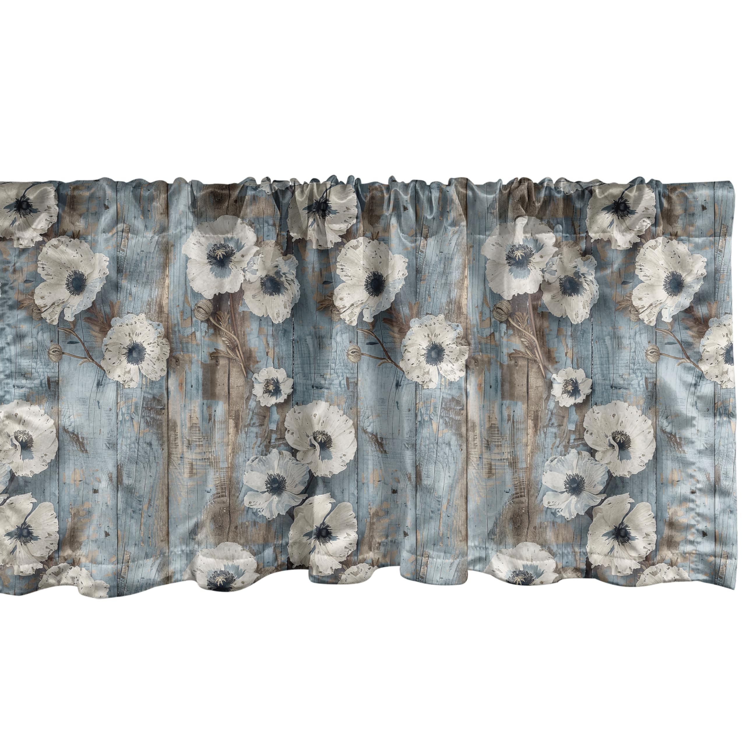 Ambesonne Poppy Window Valance Pack Of 2, Vintage Farmhouse Concept Beige Tone Petals Floral On Rustic Backdrop, Rod Pocket Curtain Valances For Kitchen Bedroom, 54' X 12', Coconut Pale Blue And Dusk