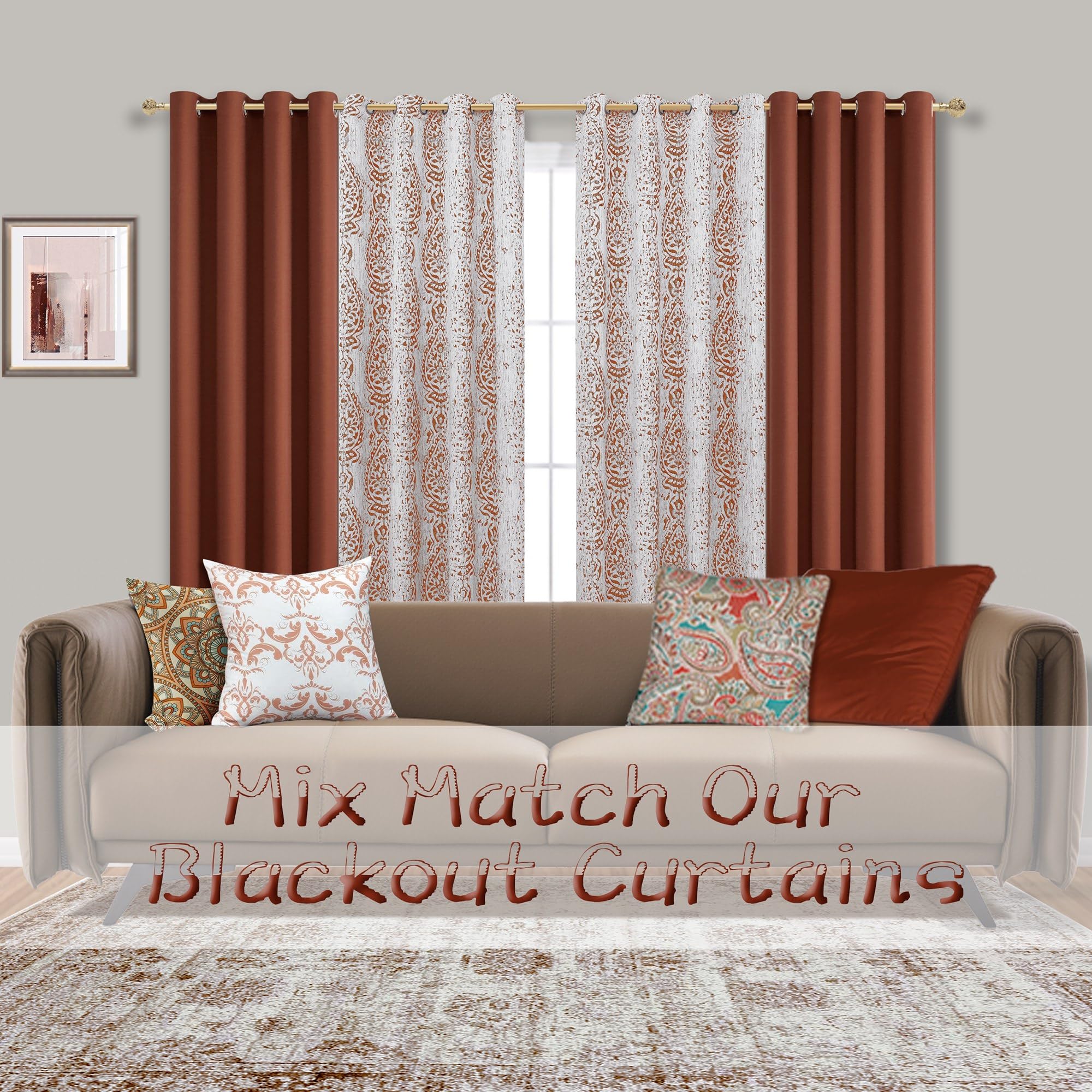Mrs.Naturall Rust Orange Retro Curtains For Living Room 2 Panels Wavy Pattern Print Western Curtains For Bedroom,96 Inches Long,Terra Red
