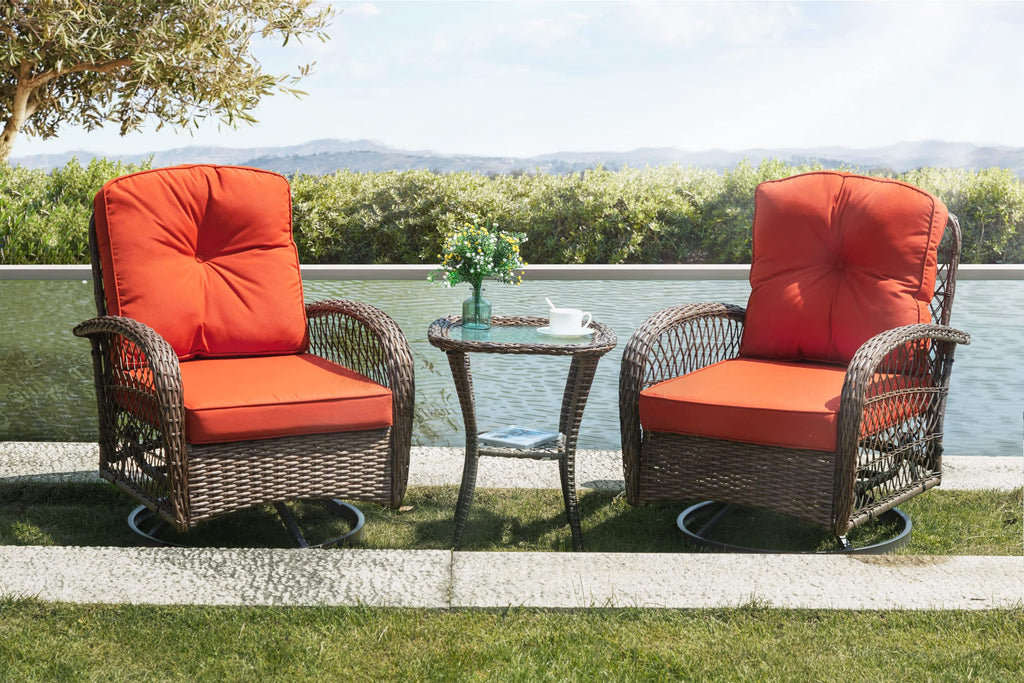 Sha Cerlin 3 Pieces Patio Furniture Set, Outdoor Swivel Glider Rocker, Wicker Patio Bistro Set With Rocking Chair, Cushions And Table (Red)