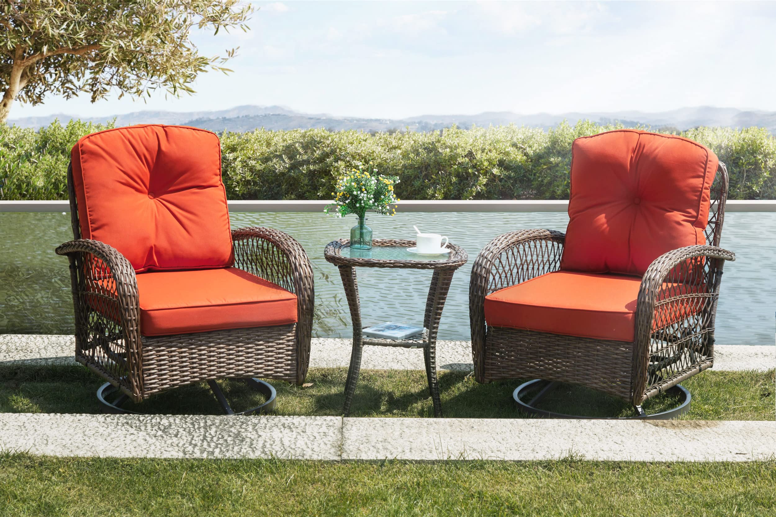 Sha Cerlin 3 Pieces Patio Furniture Set, Outdoor Swivel Glider Rocker, Wicker Patio Bistro Set With Rocking Chair, Cushions And Table (Red)