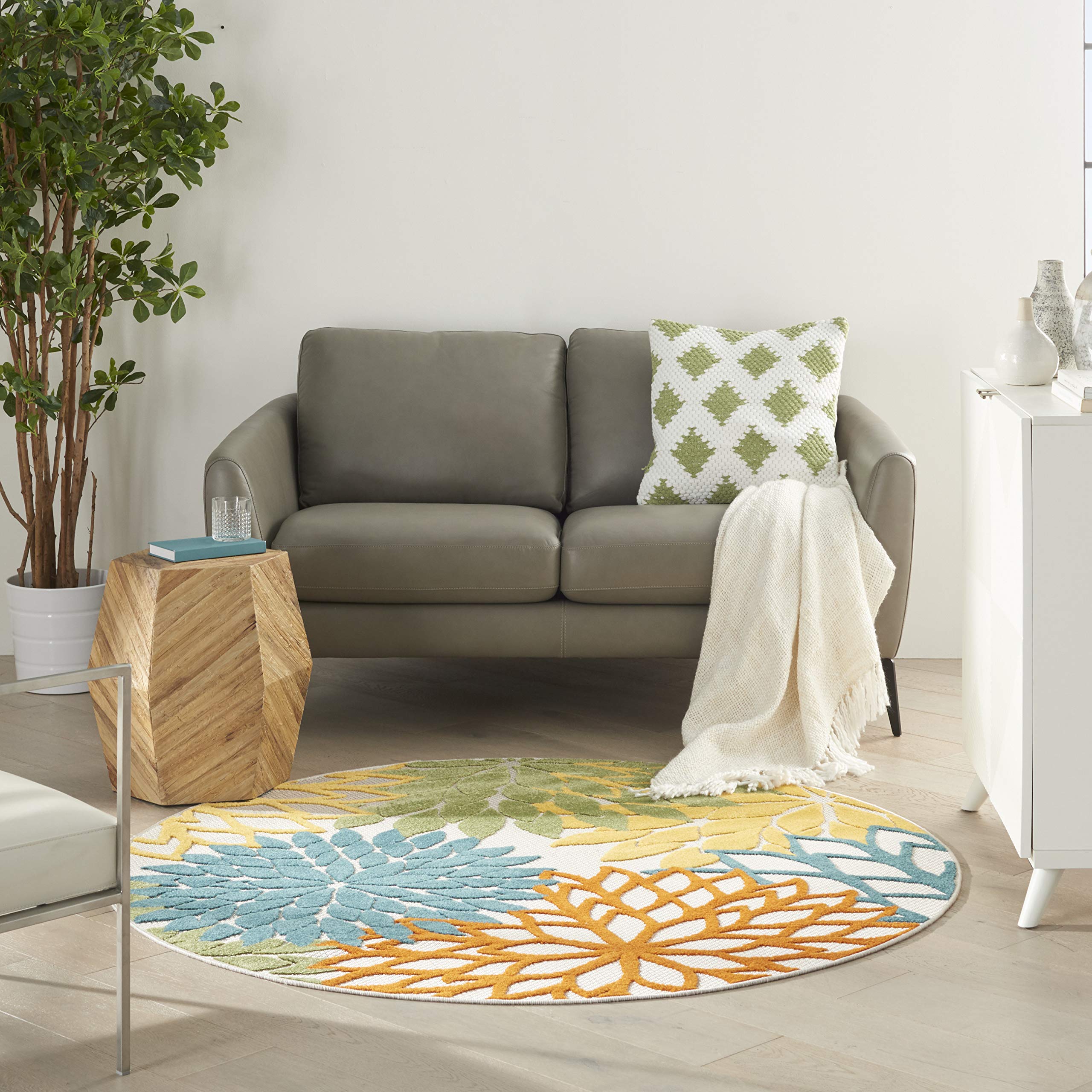 Nourison Aloha Indoor/Outdoor Floral Turquoise Multicolor 5'3' X Round Area Rug, (5' Round)
