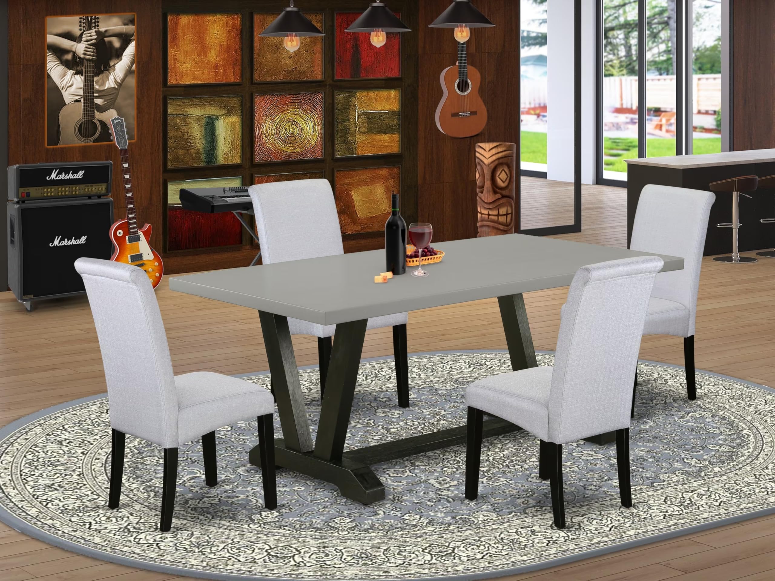 East West Furniture V697Ba105-5 5 Piece Dining Set Includes A Rectangle Dining Room Table With V-Legs And 4 Grey Linen Fabric Upholstered Parson Chairs, 40X72 Inch, Multi-Color