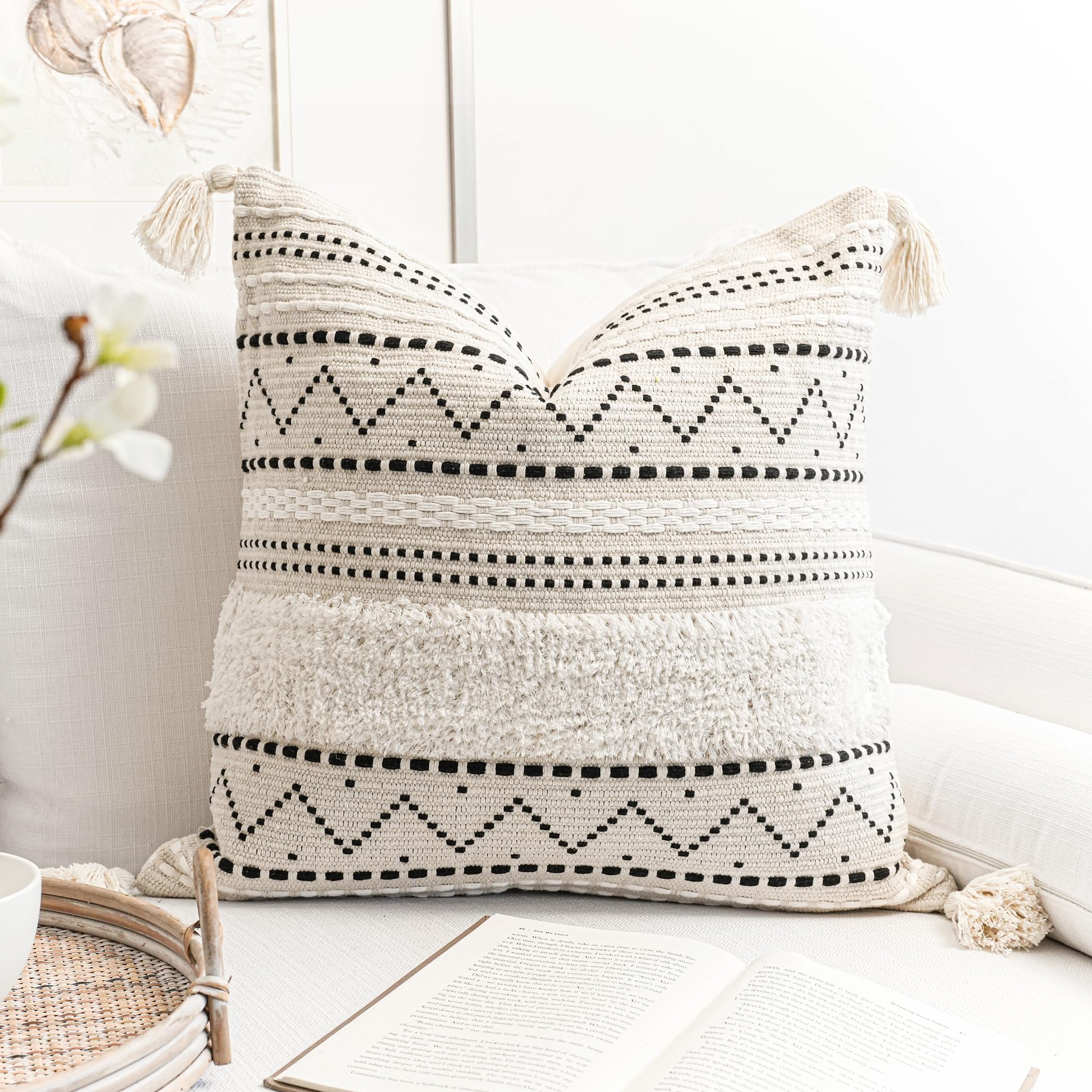 Blissblush Decorative Throw Pillow Cover 20X20 Square Boho Black Neutral White Accent Pillowcase Tassels Farmhouse Cushion For C