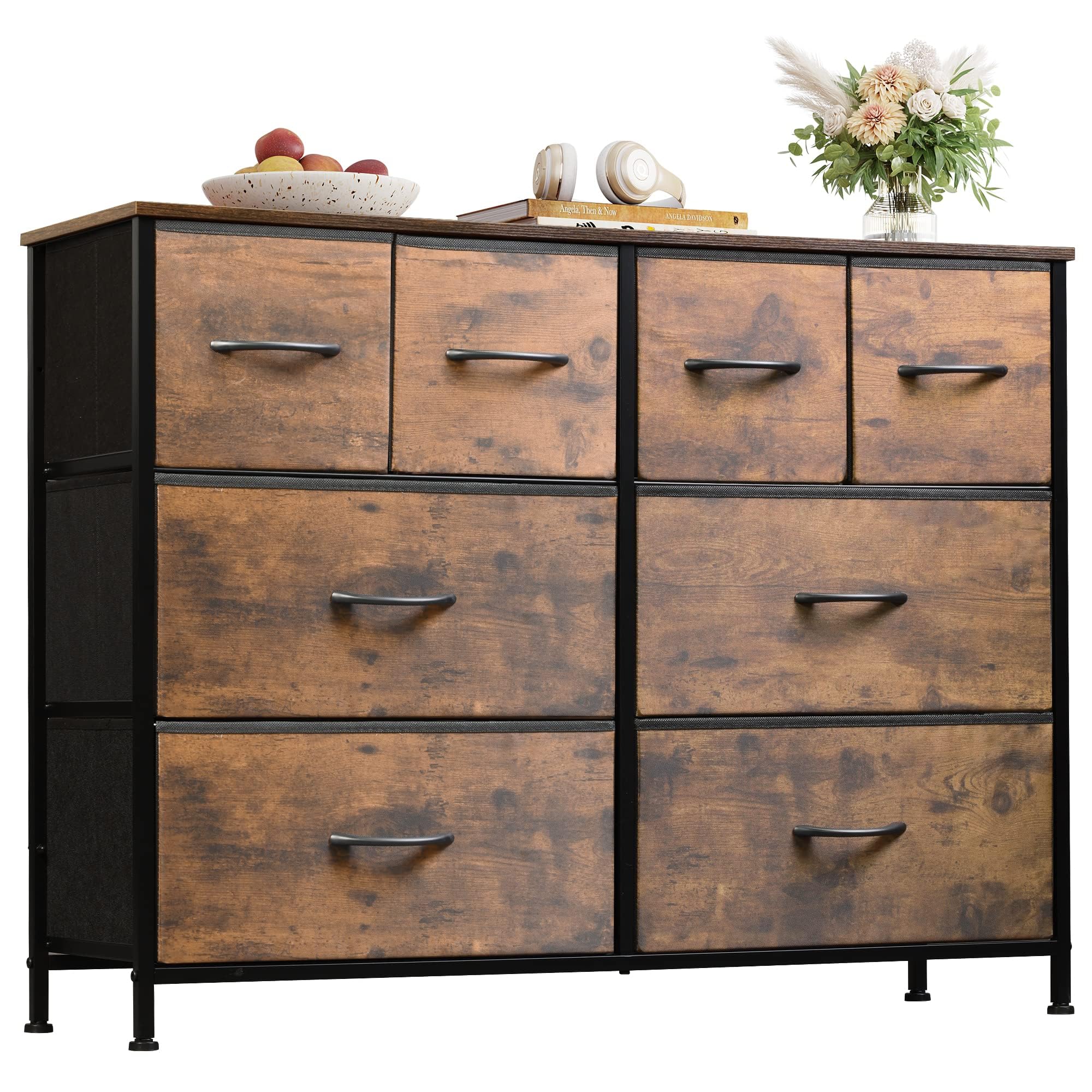 Wlive Dresser For Bedroom With 8 Drawers, Wide Fabric Dresser For Storage And Organization, Bedroom Dresser, Chest Of Drawers For Living Room, Closet, Entryway, Rustic Brown Wood Grain Print