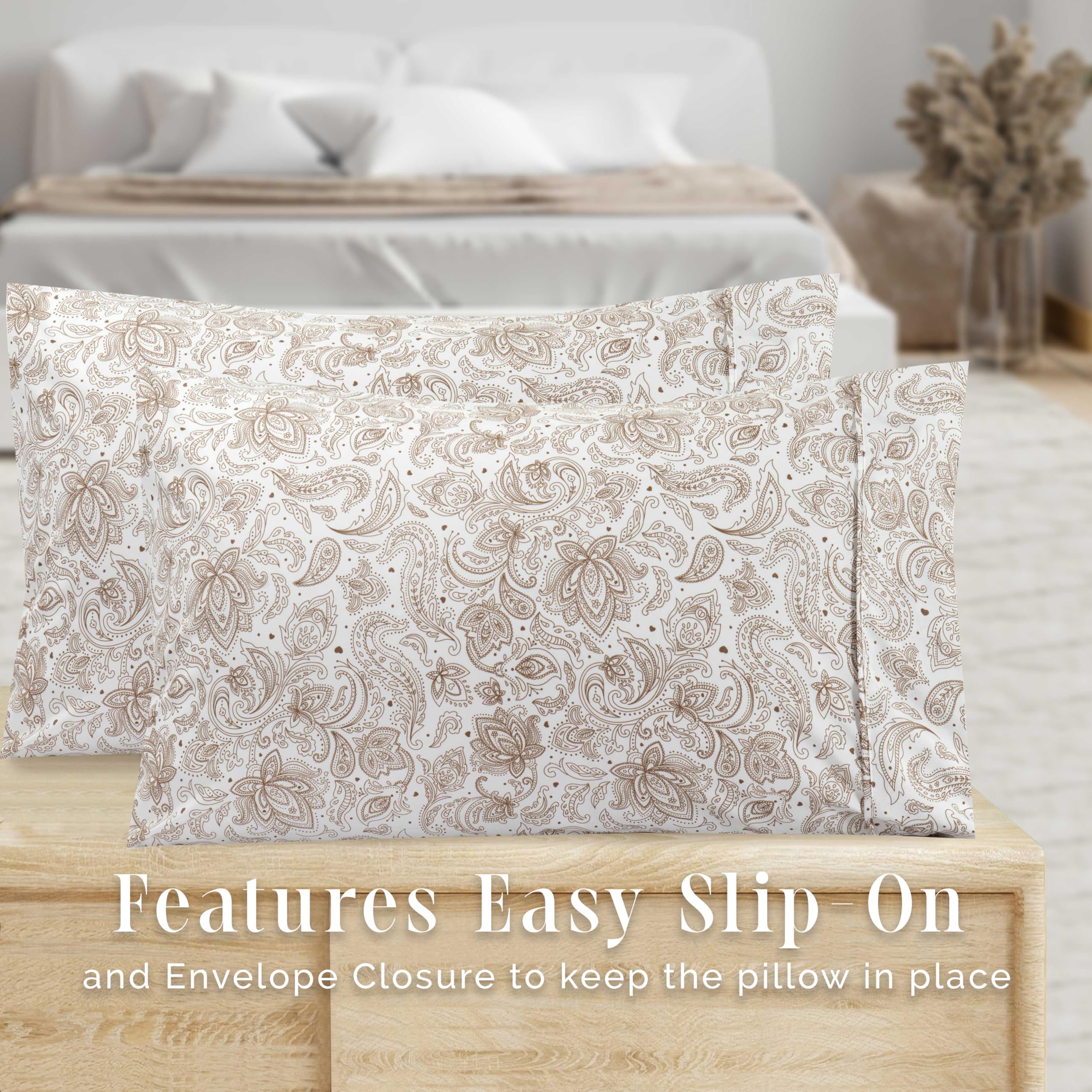 Elegant Comfort Ultra Soft Set Of 2 Floral Print Pillowcases - 1500 Premium Hotel Quality Microfiber, Soft And Smooth Envelope Closure 2-Piece Pillow Covers - King, Paisley Taupe