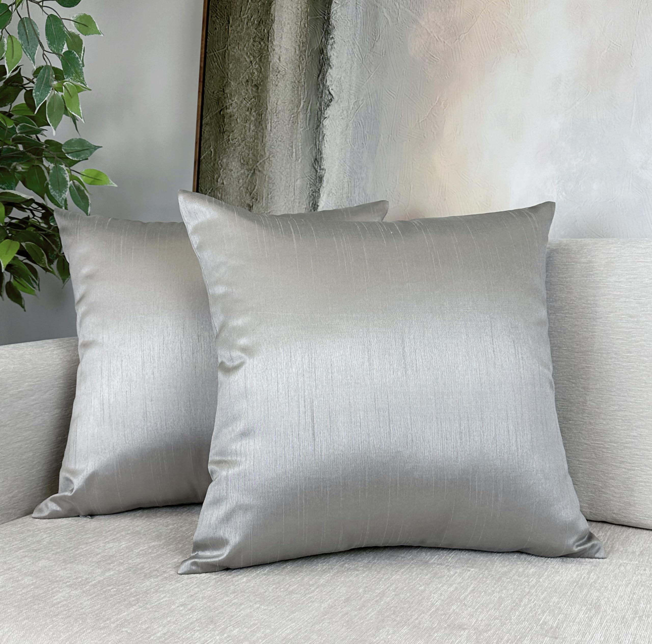 Aiking Home Collection 26X26 Inches Faux Silk Square European Shams, Zipper Closure, Silver (Set Of 2)