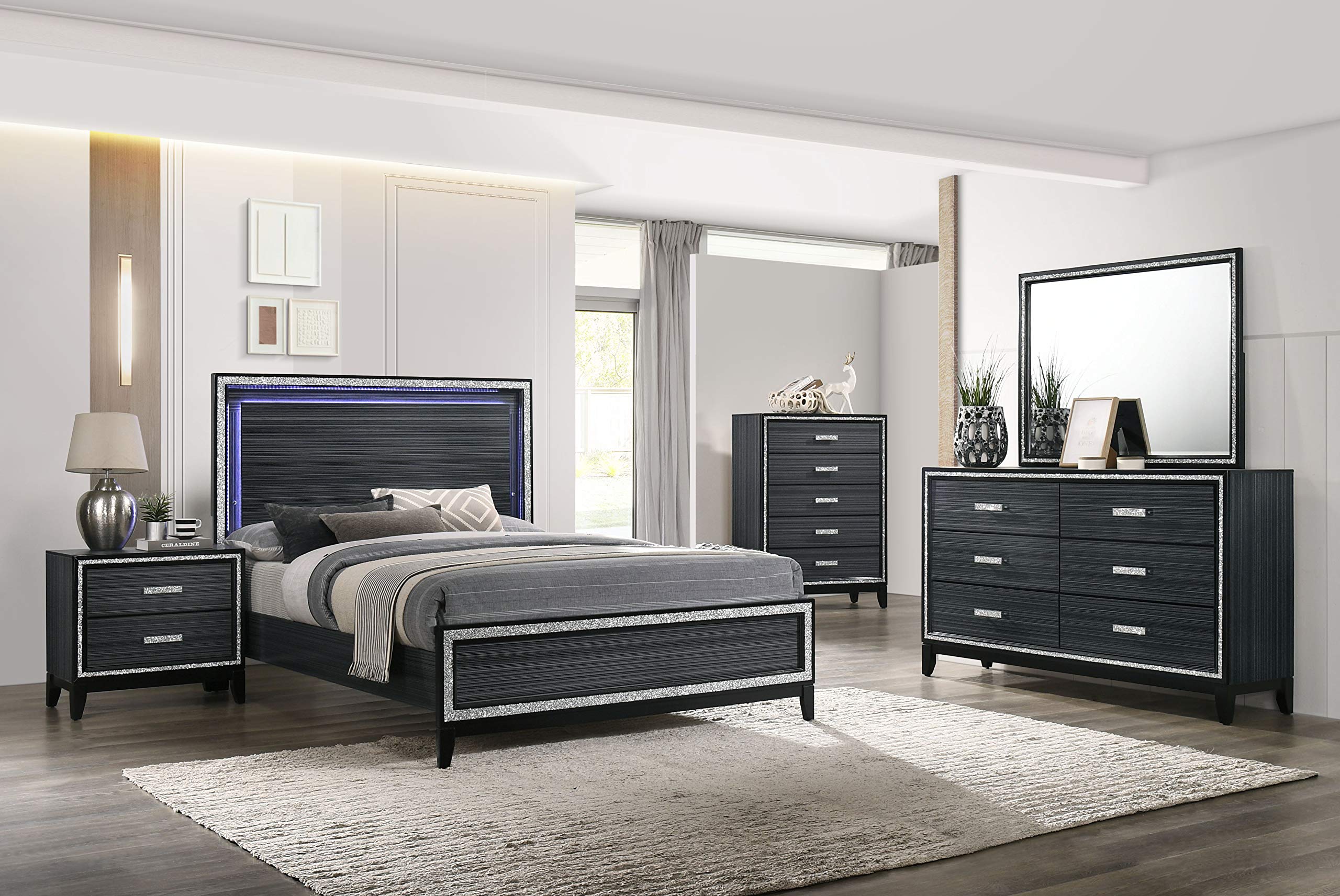 Acme Haiden Wooden Queen Panel Bed with LED in Weathered Black Finish