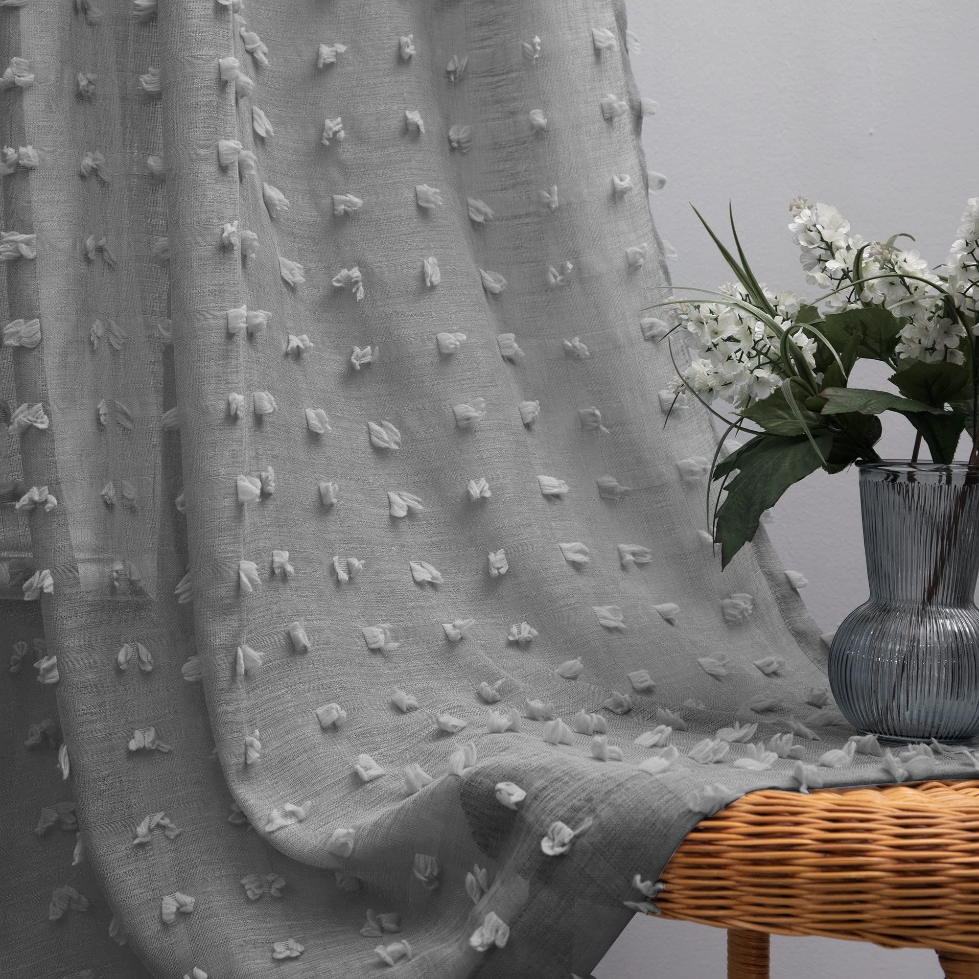 Gray pom pom Sheer Curtains 63 Inch Length for Bedroom 1 Pair Back Tab Rod Pocket Chic Fashion Elegant Floral Bubble Textured Da