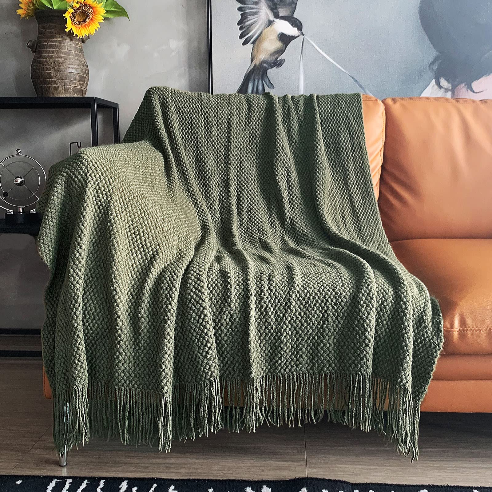 Lomao Knitted Throw Blanket With Tassels Bubble Textured Lightweight Throws For Couch Cover Home Decor (Dark Olive, 50X60)