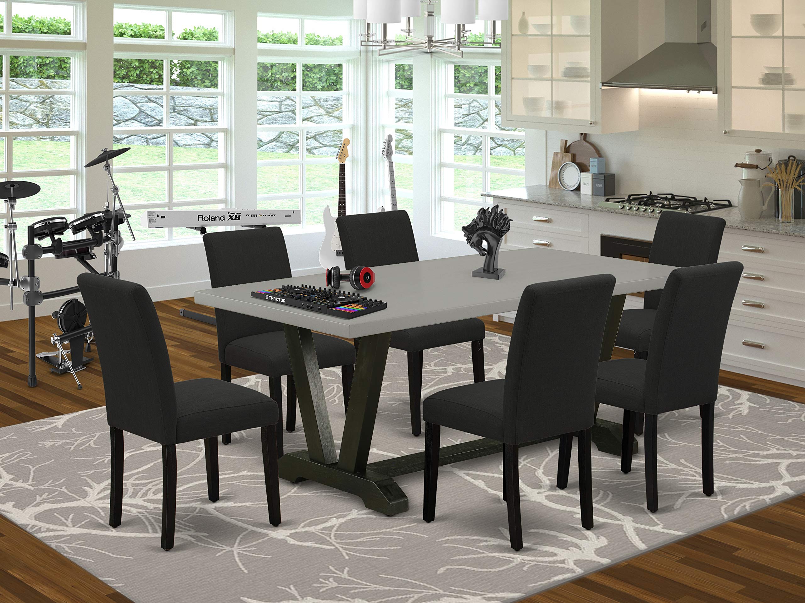 East West Furniture V-Style 7 Piece Modern Dining Set Consist Of A Rectangle Wooden Table With V-Legs And 6 Black Linen Fabric Upholstered Chairs, 40X72 Inch, Multi-Color