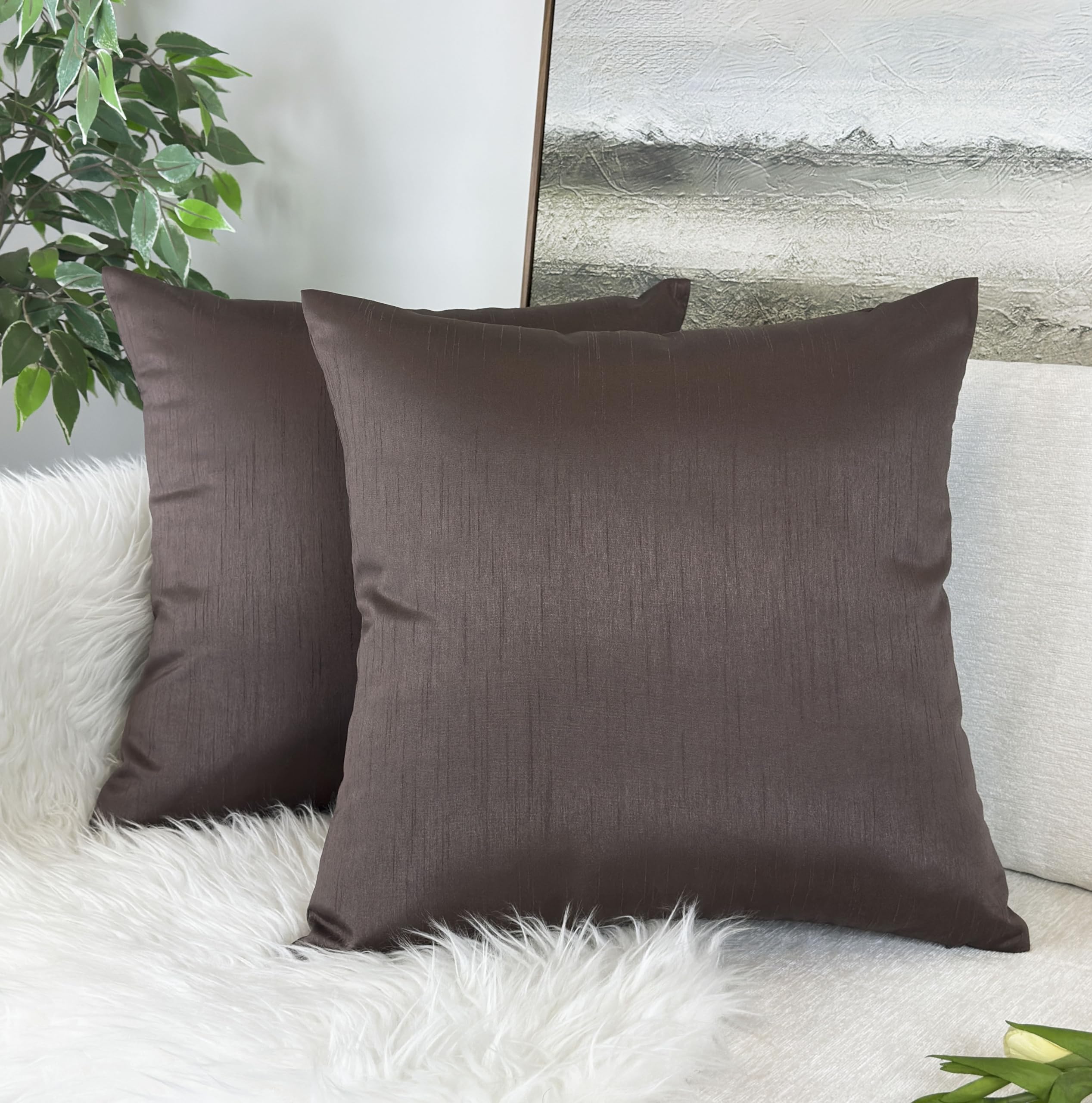 Aiking Home 18X18 Inches Faux Silk Square Throw Pillow Cover, Zipper Closure, Brown (Set Of 2)