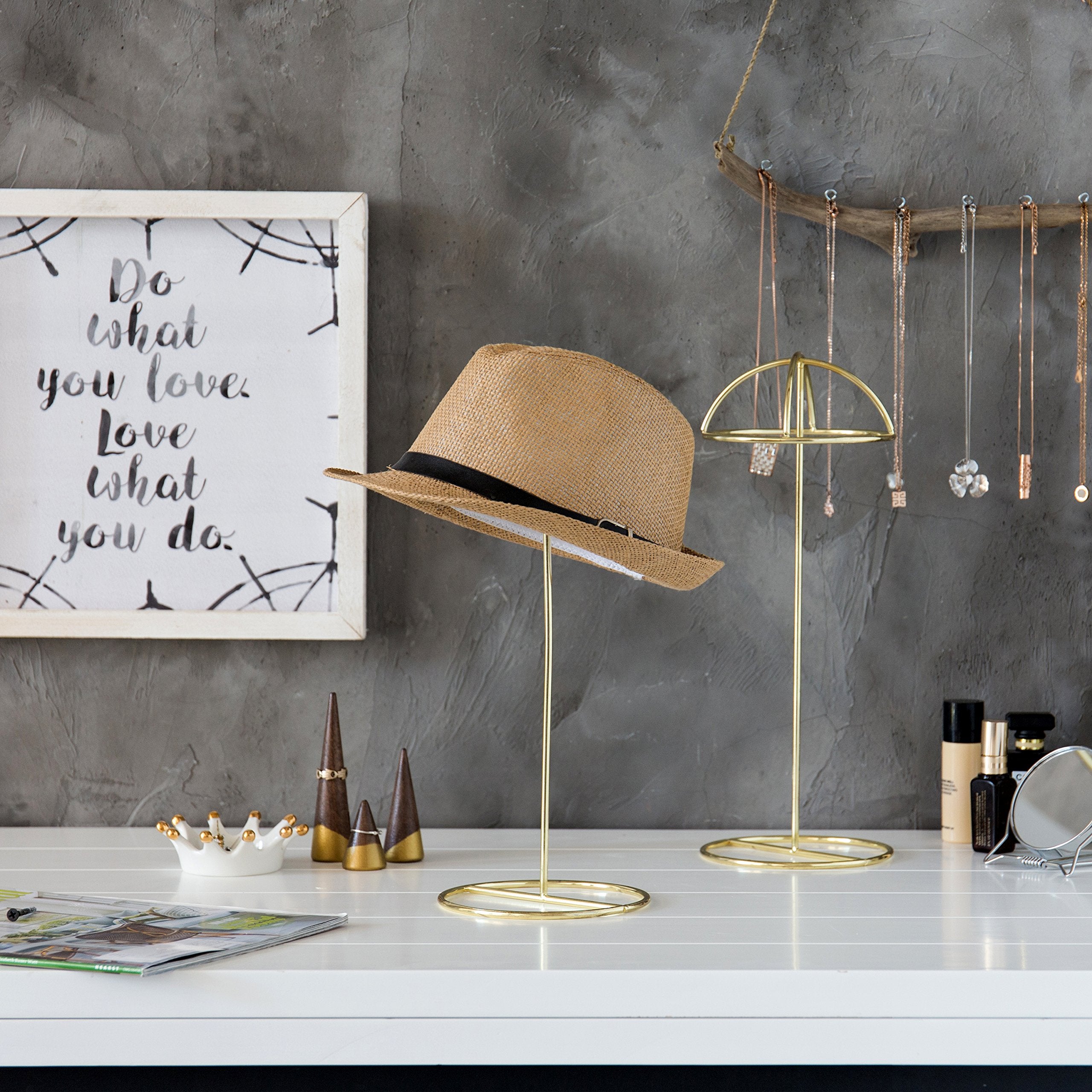Mygift 14-Inch Brass-Tone Metal Wire Hat Holder Display Stand, Tabletop Wig, Toupee, Cowboy Hat, Fedora Rack, Set Of 2