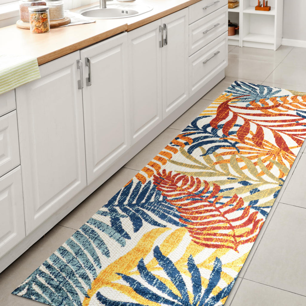 Jonathan Y Amc100B-28 Tropics Palm Leaves Indoor Outdoor Area-Rug Bohemian Floral Easy-Cleaning High Traffic Bedroom Kitchen Backyard Patio Porch Non Shedding, 2 X 8, Cream/Orange