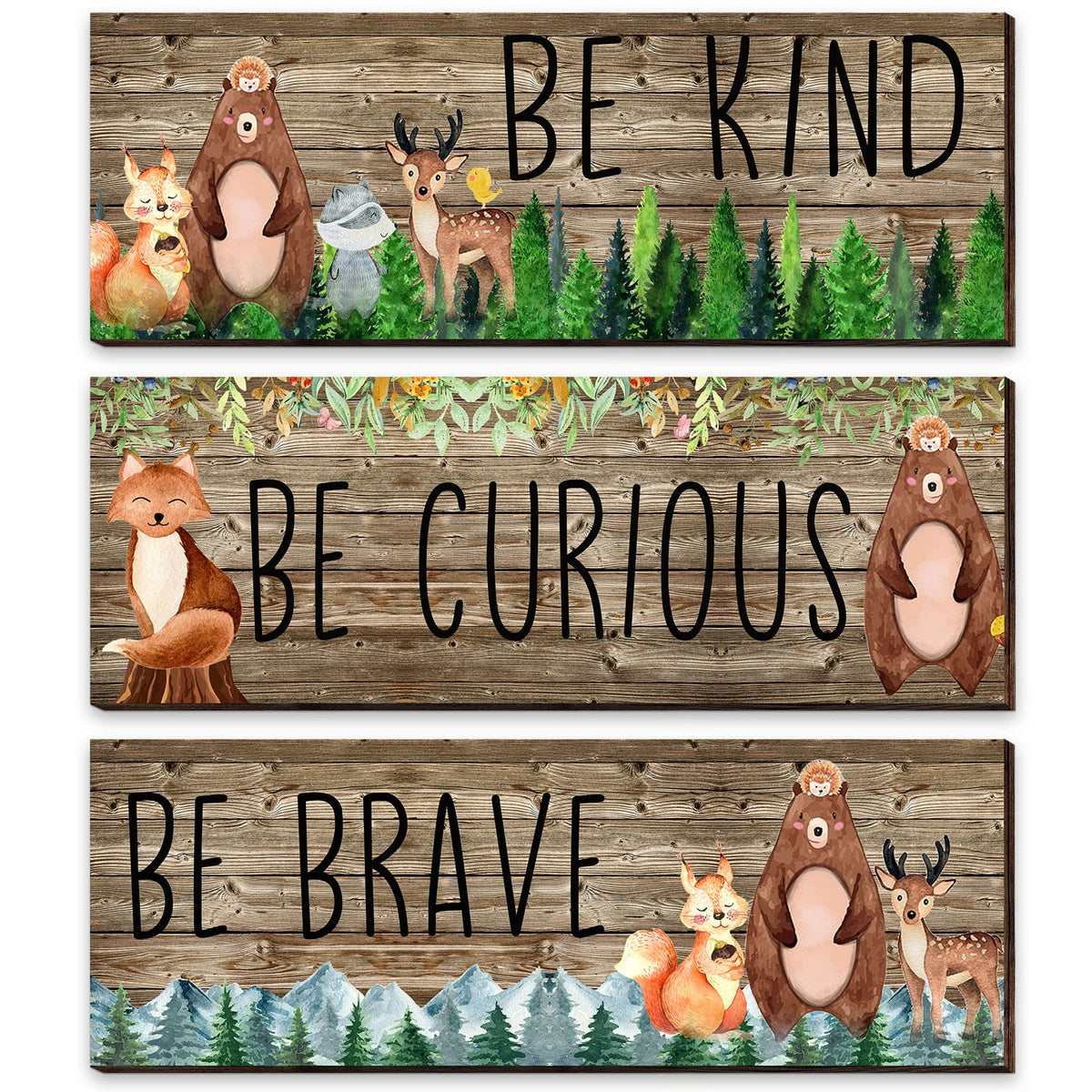 3 Pcs Woodland Nursery Decor Safari Nursery Woodland Animals Themed Painting Wooden Be Kind Brave Curious Sign Framed Wall Art F