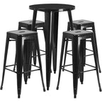Flash Furniture Ormsby Commercial Grade 24" Round Black Metal Indoor-Outdoor Bar Table Set with 4 Square Seat Backless Stools