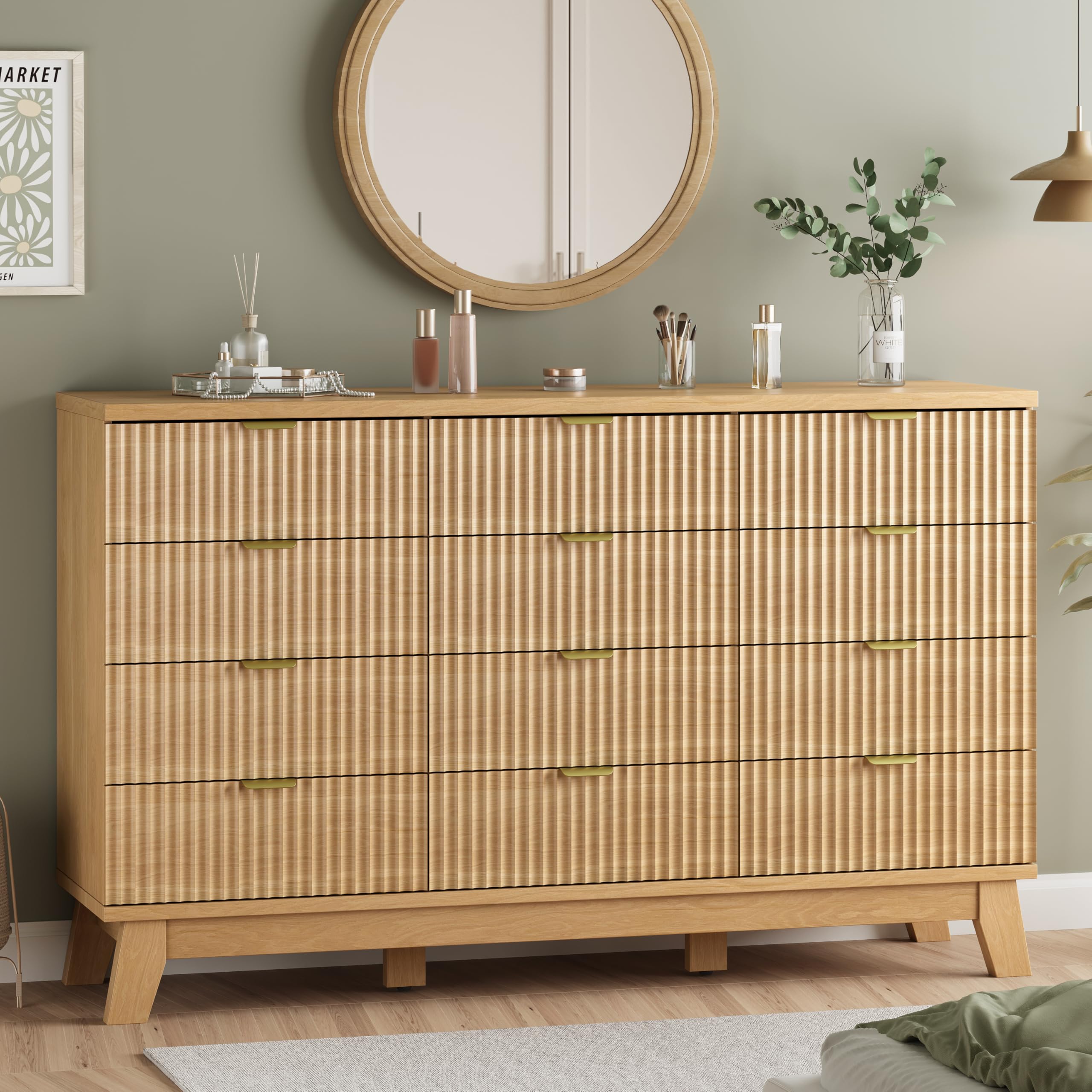 Fluted Dresser for Bedroom with 12 Drawers, 57 Wide Modern Chest of Drawers with Metal Handle, Wooden Dresser TV Stand, Wood Clo