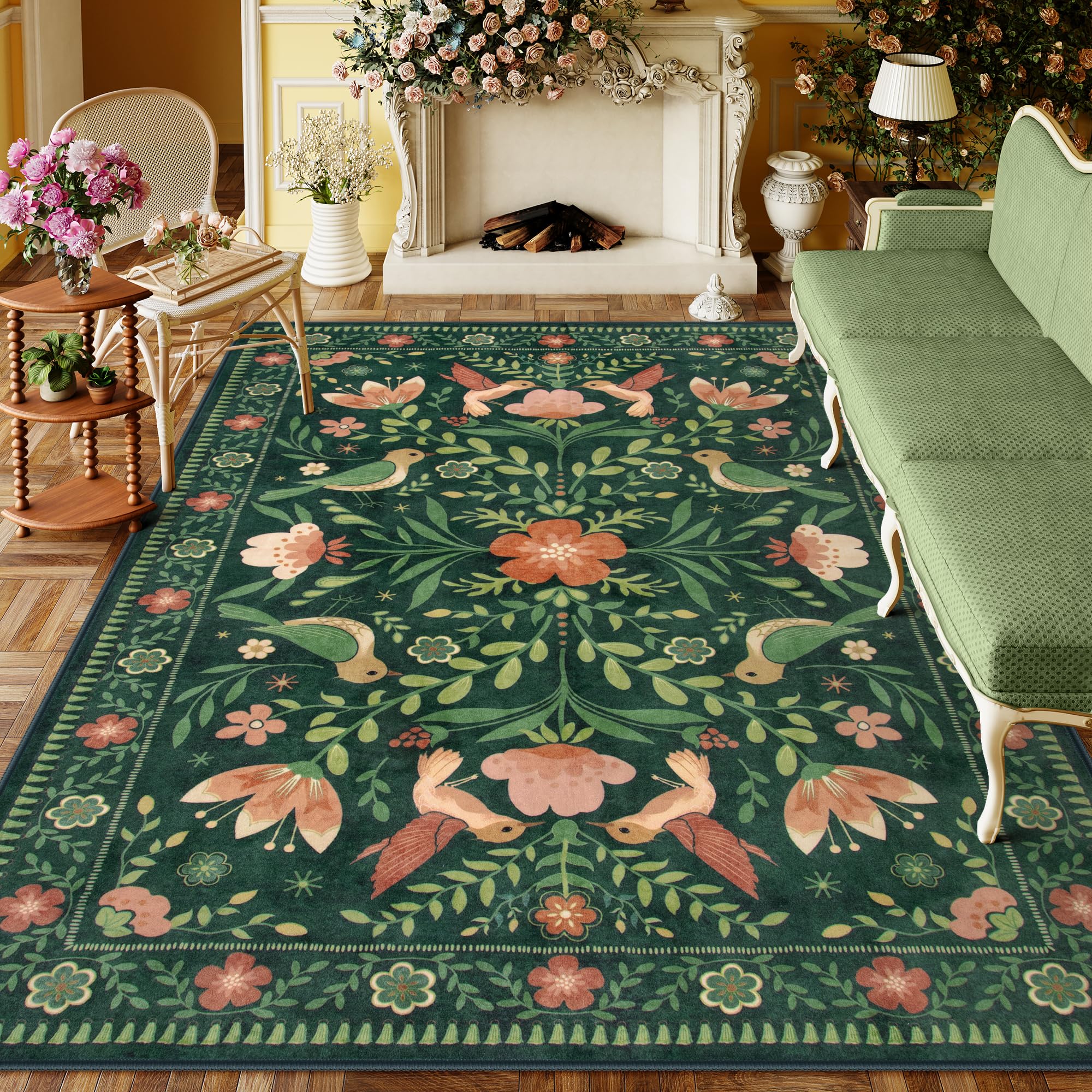 Moynesa Boho Bird 9x12 Area Rug Washable Living Room Rug, Low-Pile Green Floral Bedroom Rugs for Living Room Stain Resistance, V