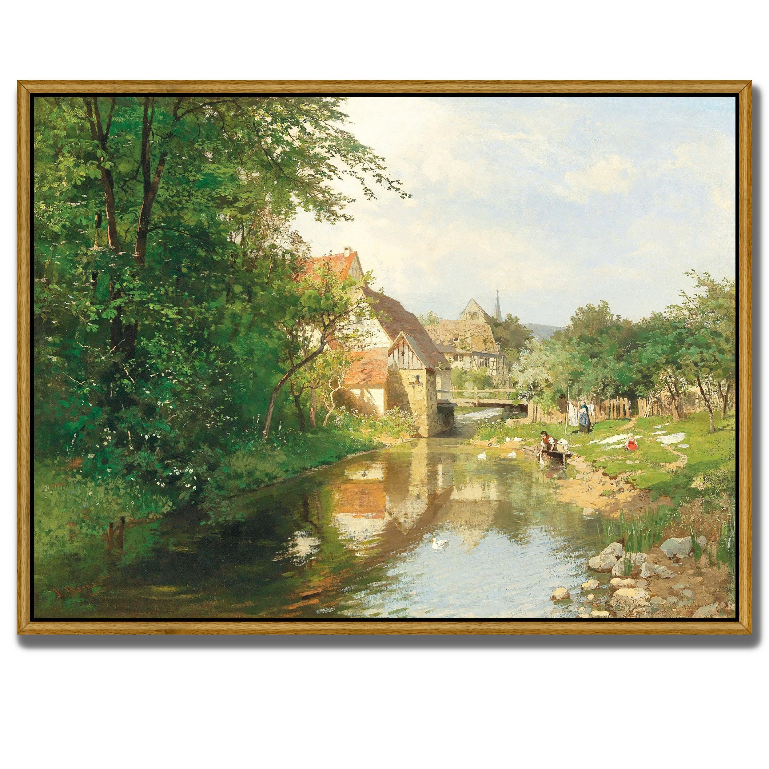 LANCHI95 Framed Canvas Wall Art Vintage Decor, Classical Oil Painting Canvas A Village by the River, Vintage Wall Art for Home R