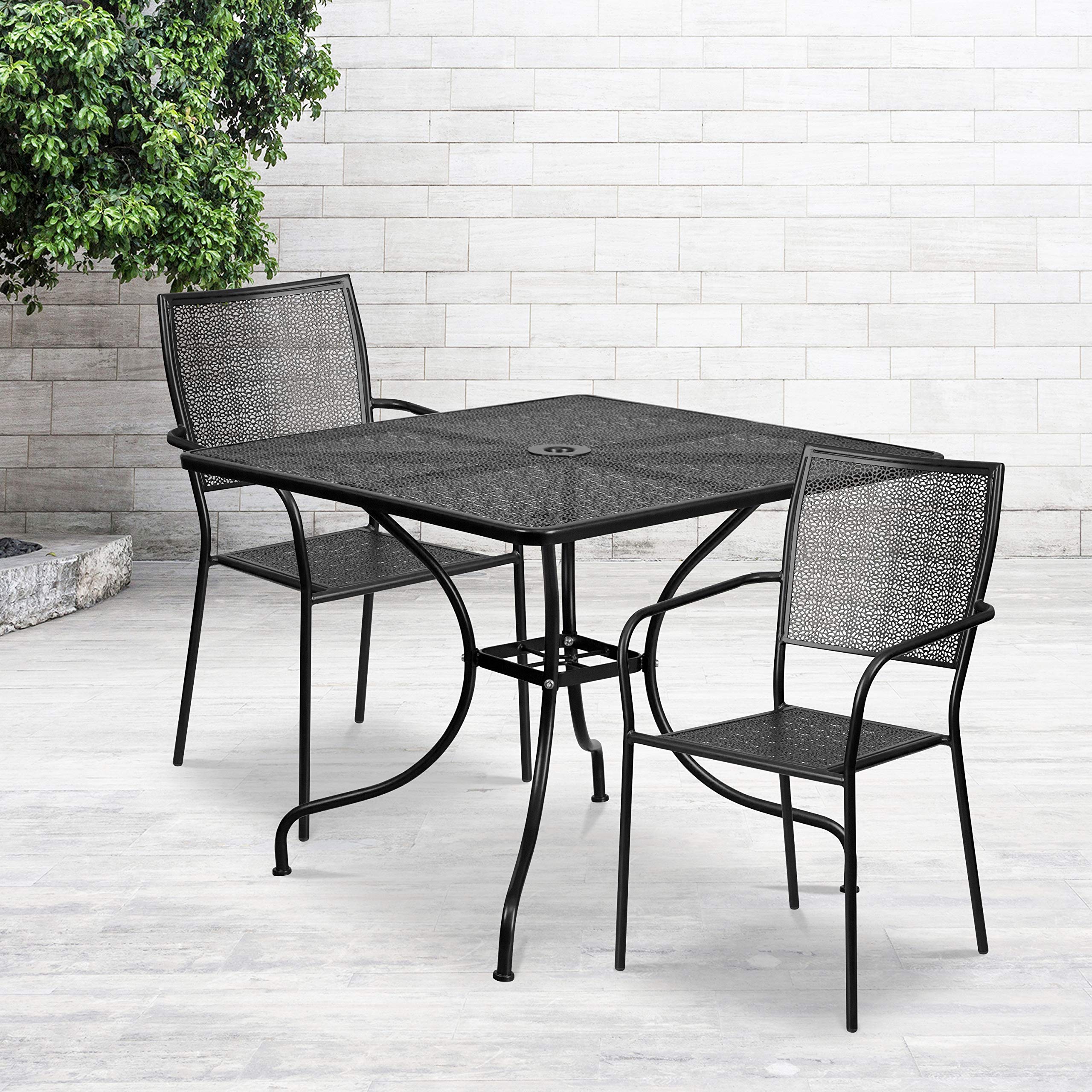 Flash Furniture Oia Commercial Grade 35.5 Square Black Indoor-Outdoor Steel Patio Table Set with 2 Square Back Chairs
