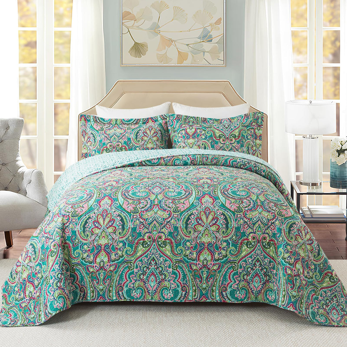 Travan 3-Piece Bedspread Quilt Set Oversized Reversible Quilted Bedding Cotton Coverlet Set With Shams, Gorgeous Green-Pink Flor