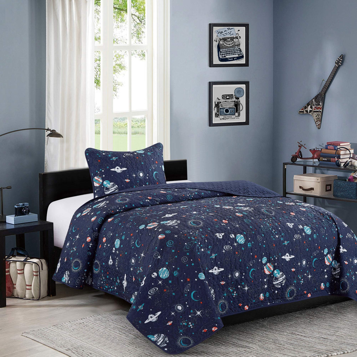 Wpm World Products Mart Blue Planet Universe Theme Kids Quilt Set Toddler Stars Space Galaxy Rocket Design Twin Size For Toddler