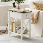 ChooChoo Farmhouse End Table with Charging Station - Soft White Accent Nightstand for Living Room & Bedroom, Ideal for Small Spaces