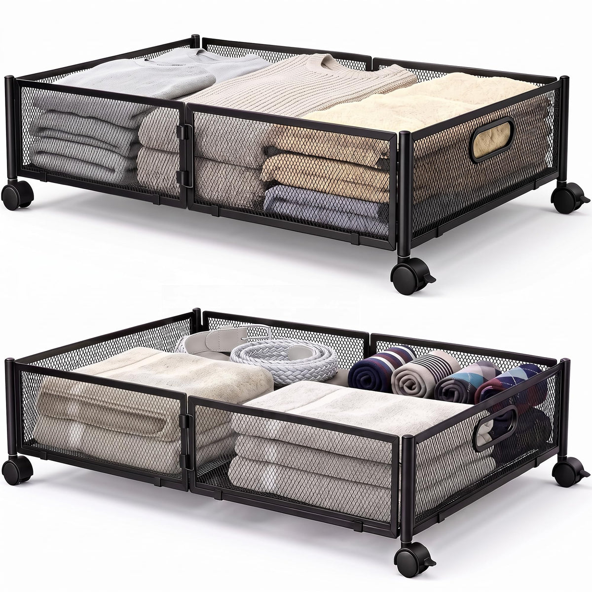 VECELO Under Bed Storage Containers with Wheels, Foldable Shoe Organizer Drawer with Handles, Space Saving for bedroom, Toolfre