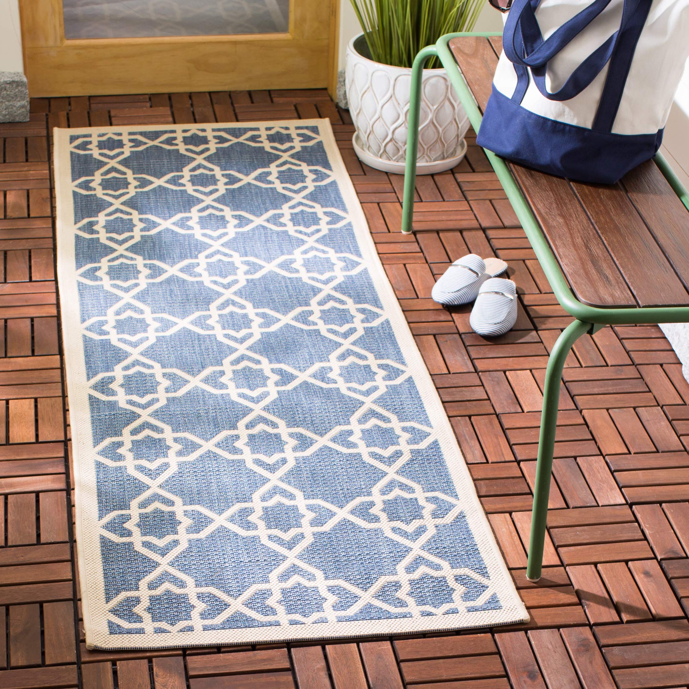 SAFAVIEH Courtyard Collection Runner Rug - 23 x 14, Blue & Beige, Non-Shedding & Easy Care, Indoor/Outdoor & Washable-Ideal fo