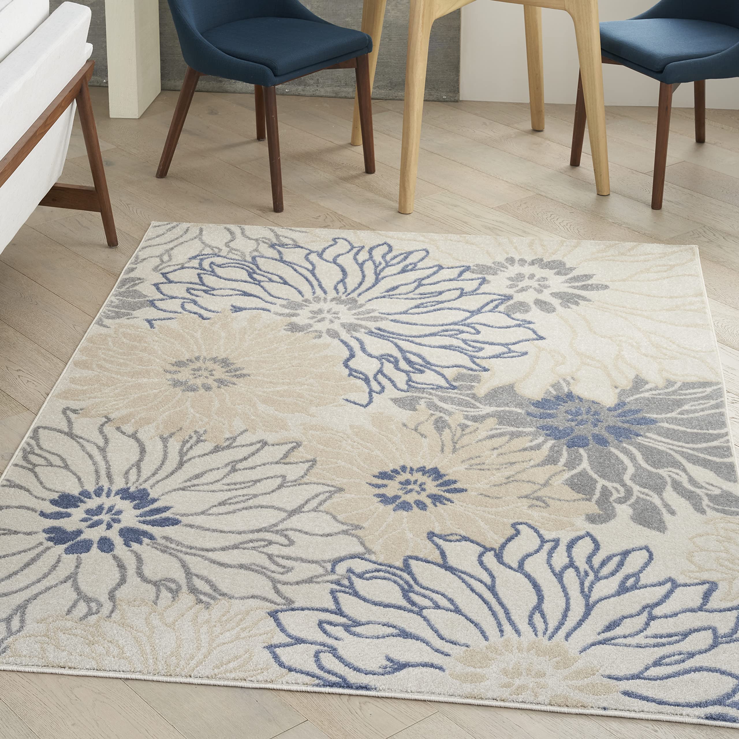 Nourison Passion Ivory Grey Blue 5'3' X 7'3' Area Rug, Boho, Floral, Easy Cleaning, Non Shedding, Bed Room, Living Room, Hallw
