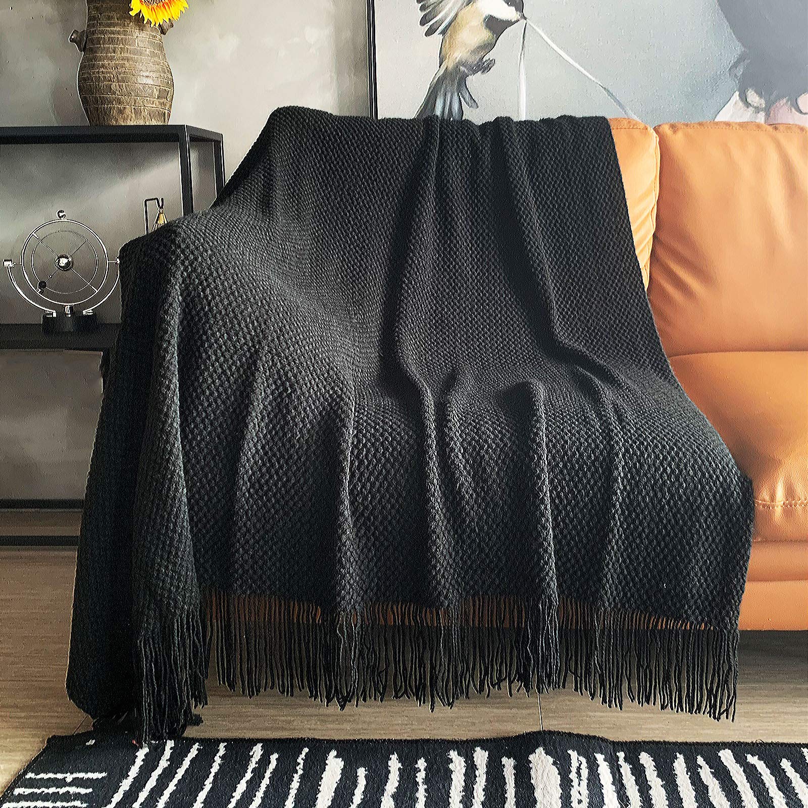 Lomao Knitted Throw Blanket With Tassels Bubble Textured Lightweight Throws For Couch Cover Home Decor (Black, 60X80)