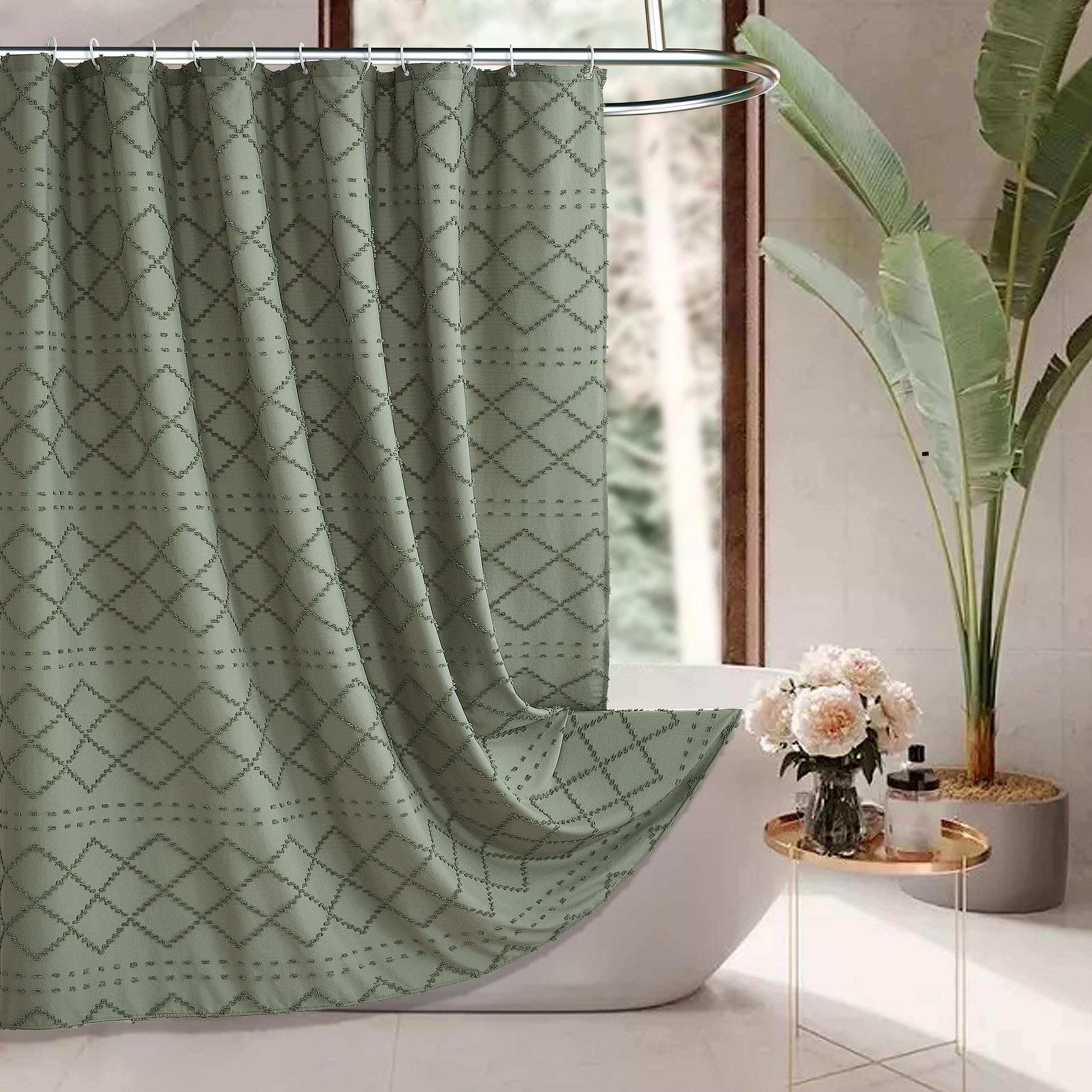 Siiluminisoy Extra Long Sage Green Boho Shower Curtain Woven Fabric Cute Shower Curtain, 72 X 78 Tufted Chevron Textured Striped