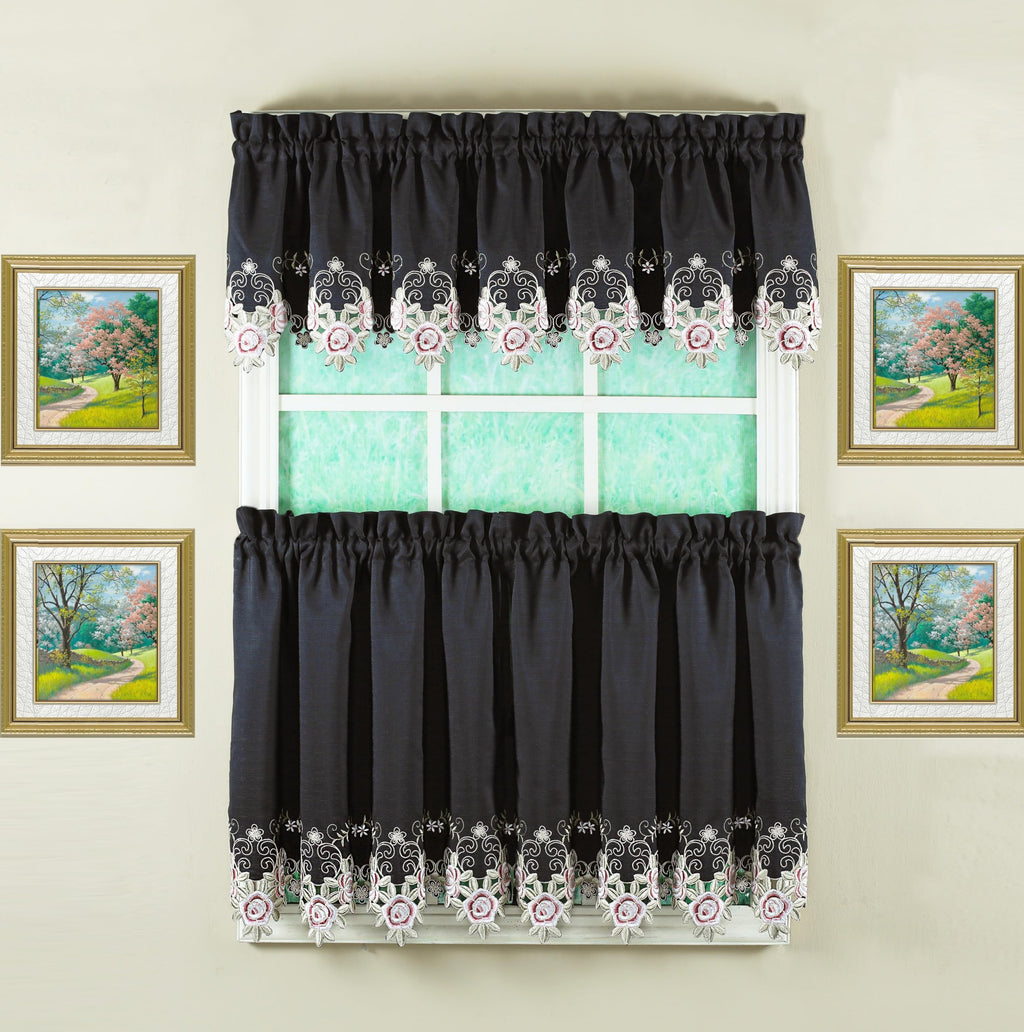 Today'S Curtain Verona Reverse Embroidery Tier, 30', Black/Rose, 60' W X 30' L