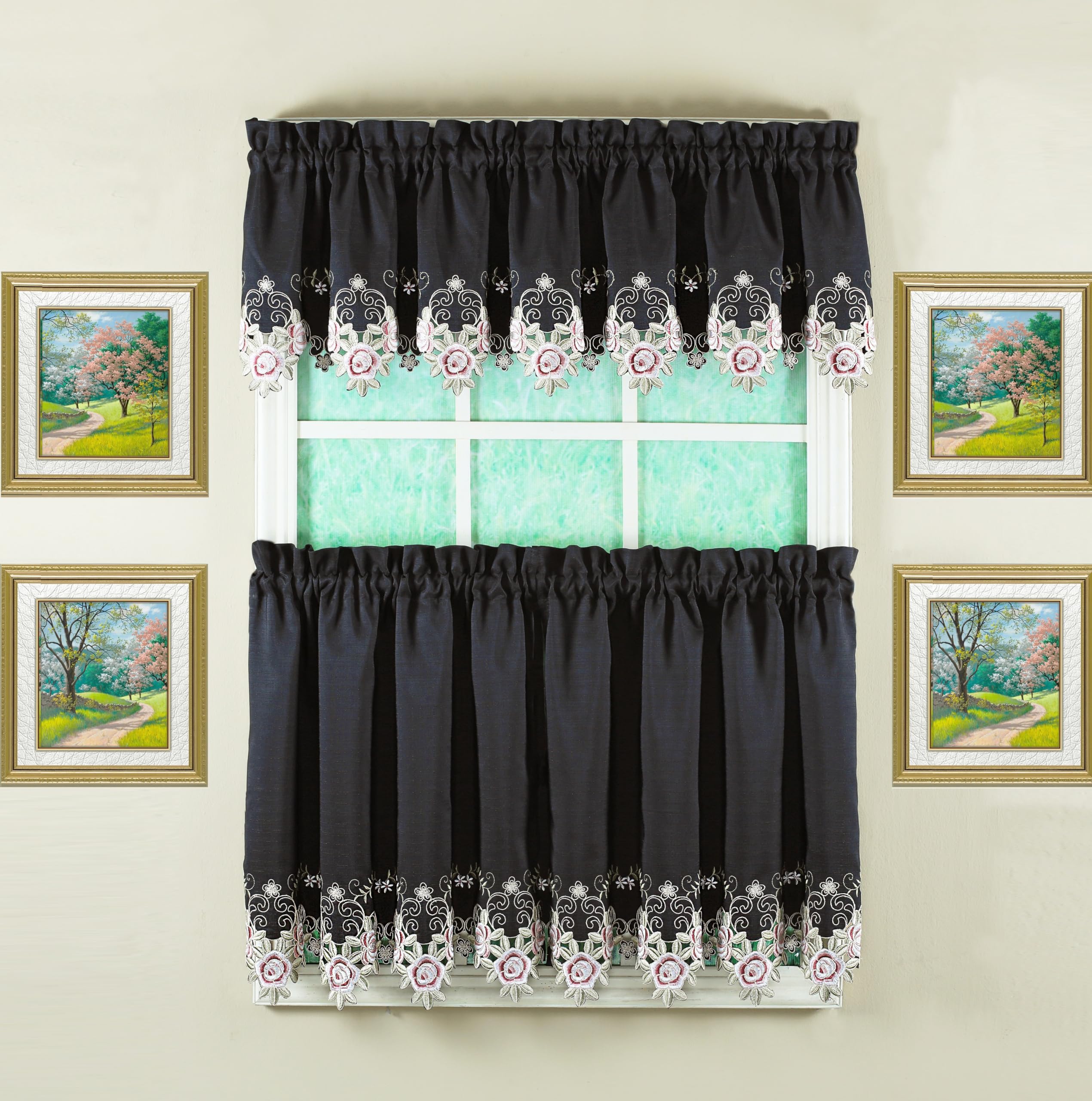 Today'S Curtain Verona Reverse Embroidery Tier, 30', Black/Rose, 60' W X 30' L