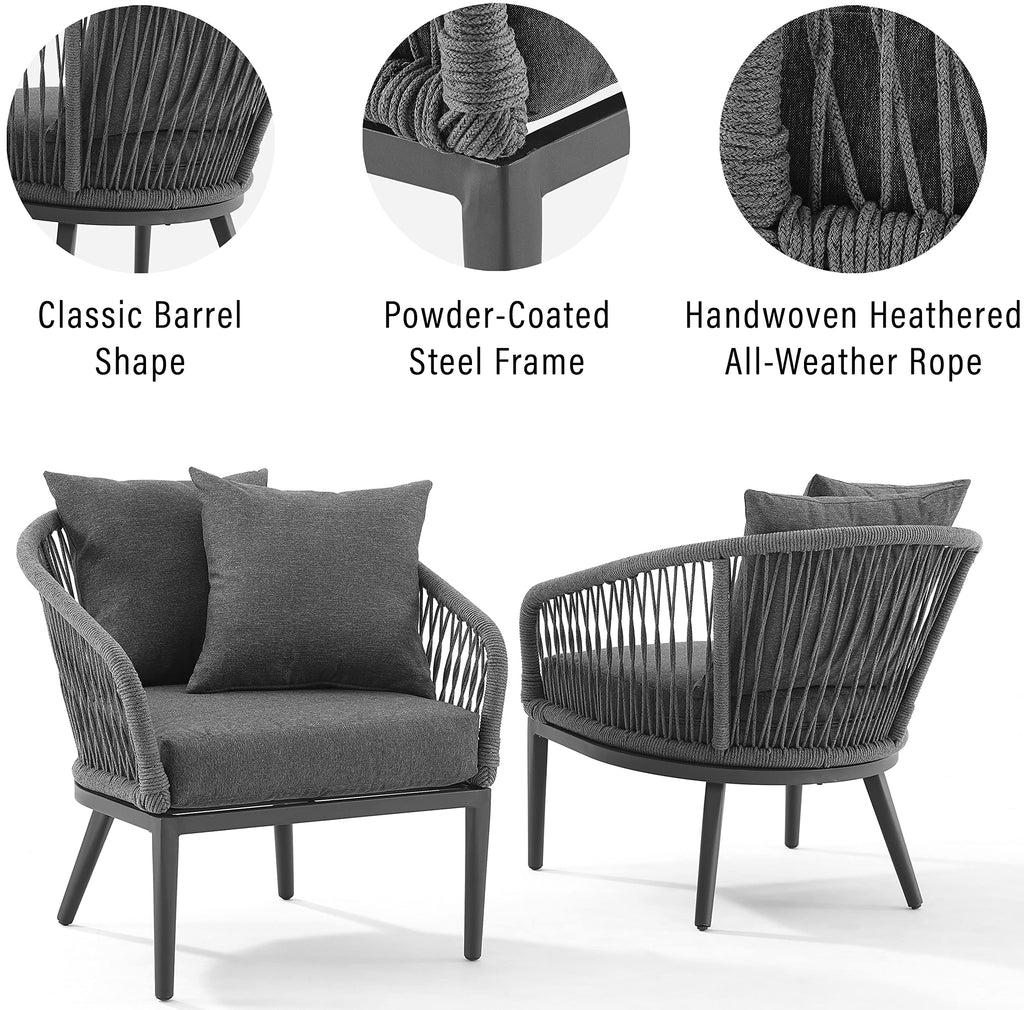 Crosley Furniture Dover 2-Piece Indoor Outdoor Chair Set, Patio Chairs for Conversation, Porch, Deck, Matte Black with Charcoal Cushions