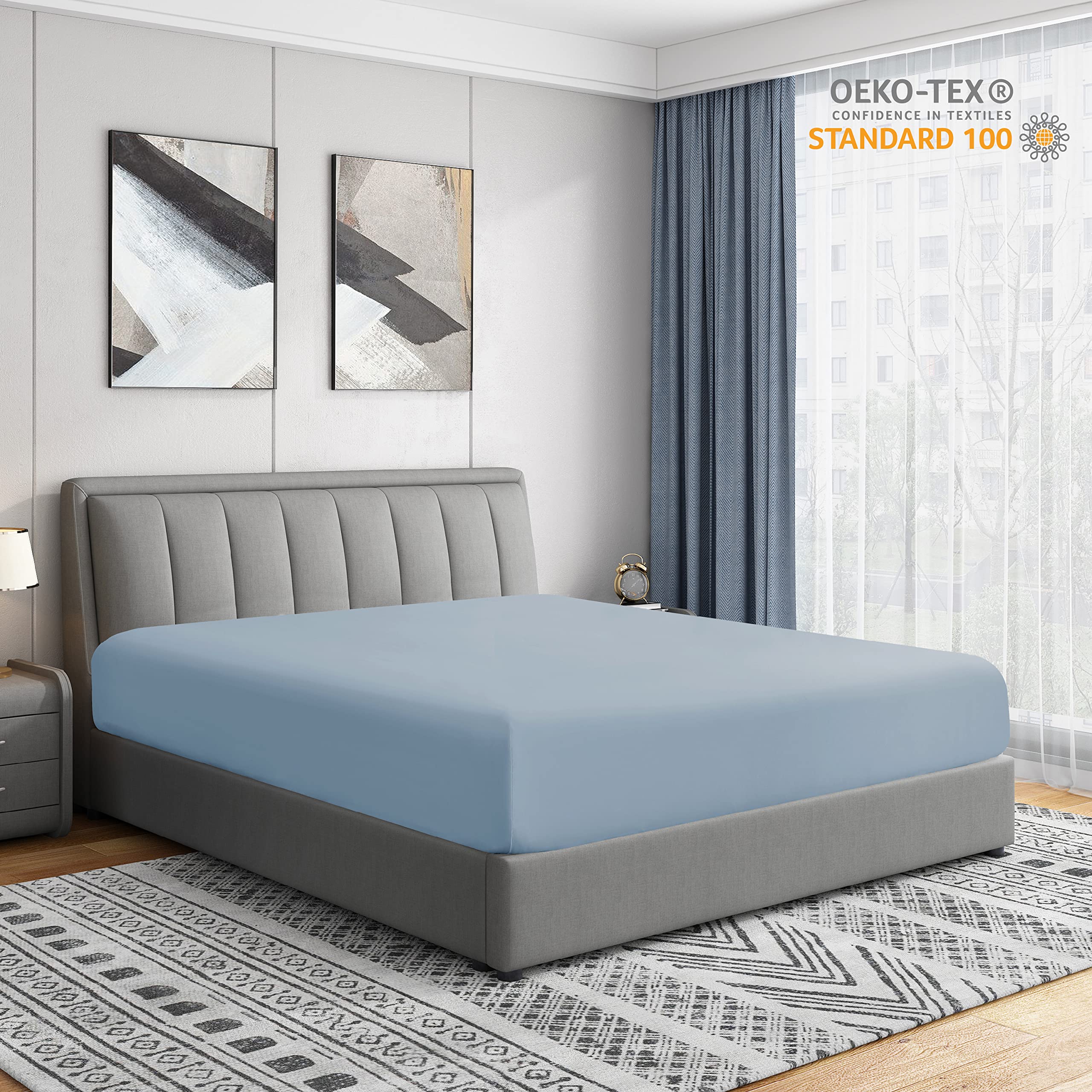 Cathay Home King Fitted Sheet - Double Brushed Ultra Soft – Wrinkle & Fade Resistant - 14' Standard Pocket Fitted Sheet Only - Good Fit For 12'-16' Deep Mattress (King, Blue Fog)