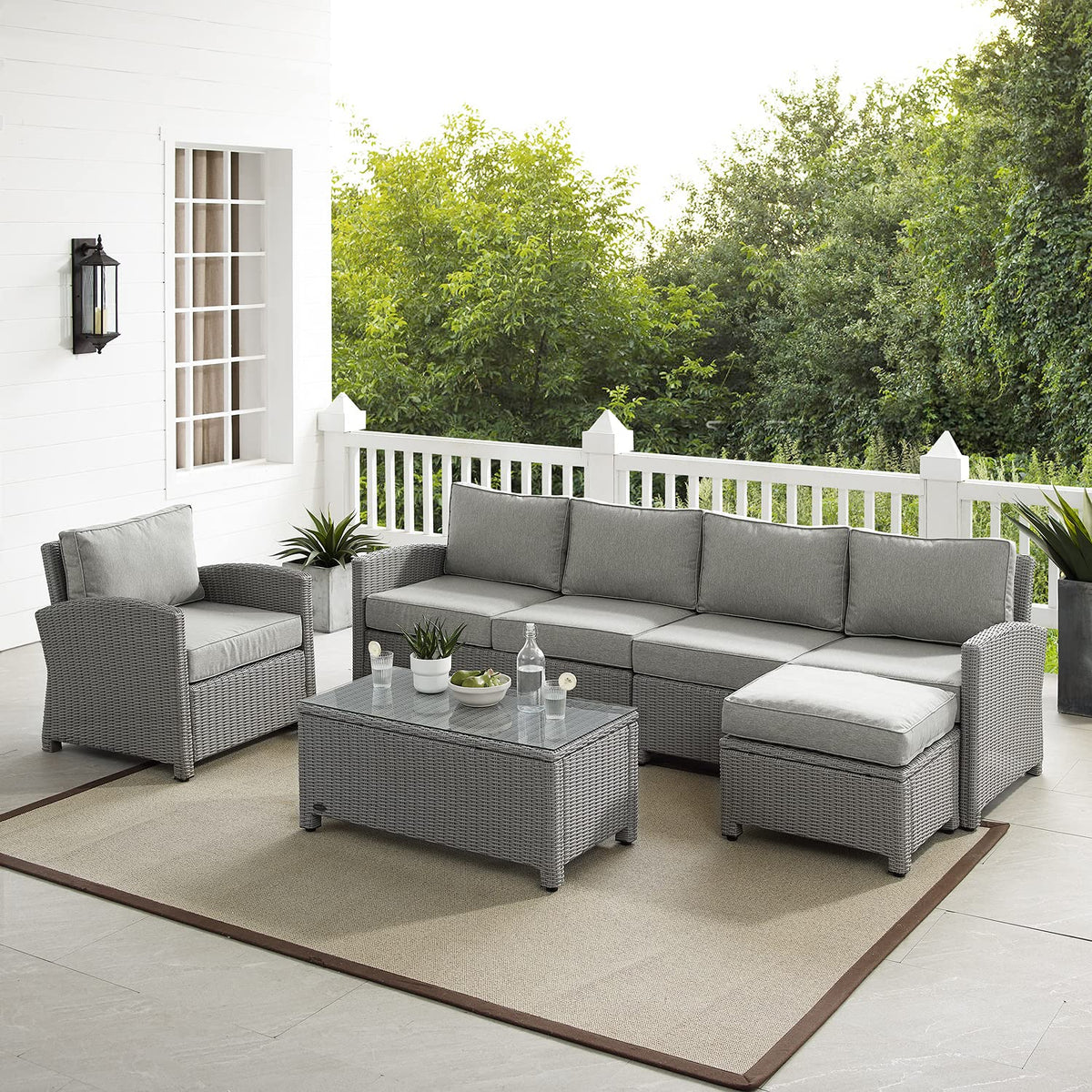 Crosley Bradenton 5Pc Outdoor Wicker Sectional Set Gray - Left Loveseat, Right Loveseat, Armchair, Coffee Table, & Ottoman