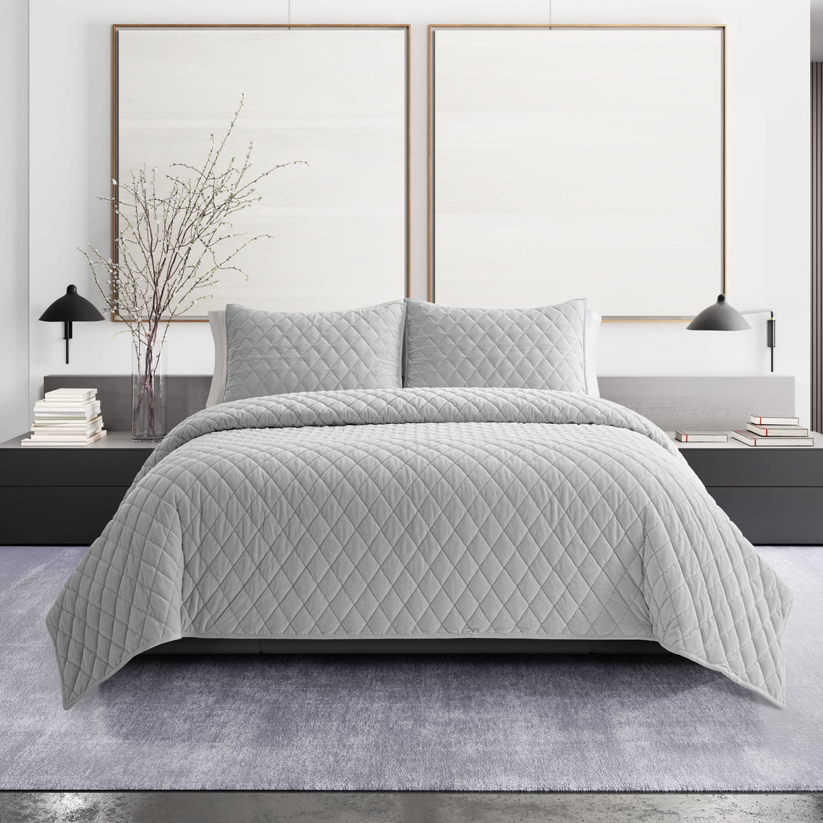 Vera Wang - Queen Quilt Set, Super Soft Bedding Set With Matching Shams, Modern Room Essentials (Diamond Velvet Grey, Queen)