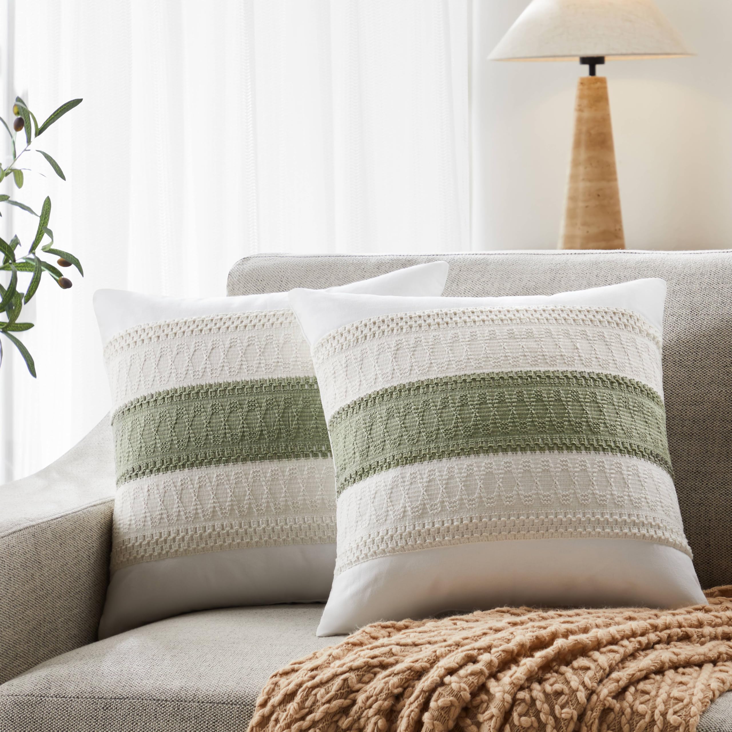 Yzjzeds Soft Cotton Boho Throw Pillow Covers Set Of 2, Natural White/Contrast Green 18X18 Inch, Sage Green Farmhouse Decorative