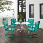 Crosley Furniture Bates 5-Piece Outdoor Dining Set for 4, Retro Metal Round Patio Table and Chairs for Deck, Turquoise Gloss