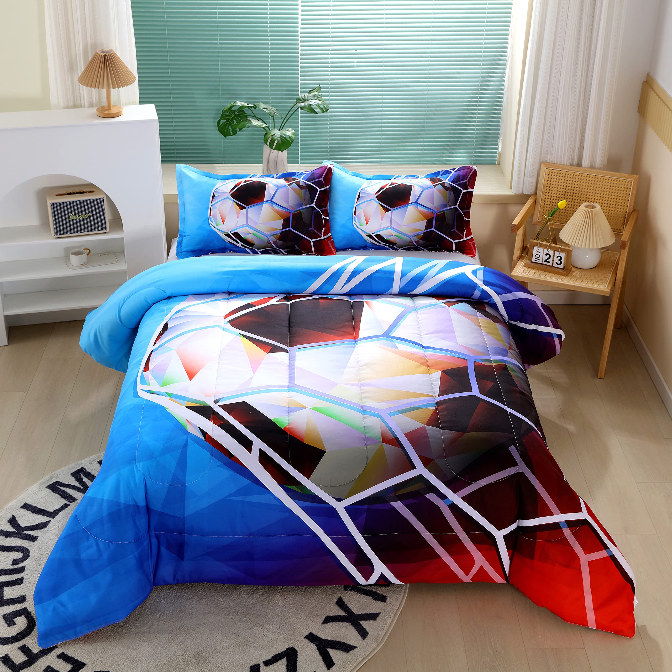 3D Football Comforter Set For Boys, Queen Size Sports Bedding Comforter Soccer Themed Bedding Comforter With 2 Football Patterne