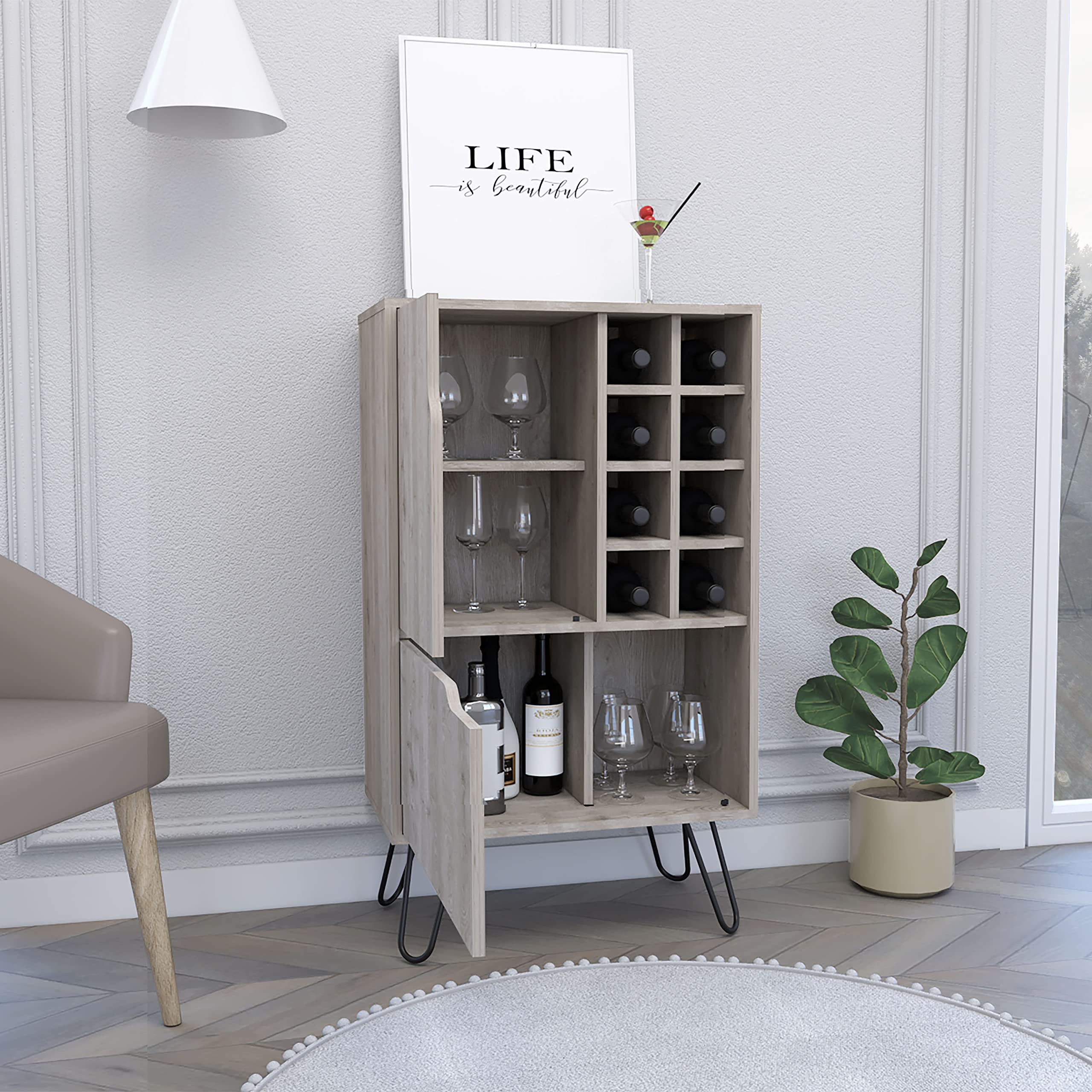 DEPOT E-SHOP Zamna L Bar Single Door Cabinet, 8 Built-in Wine Rack, 4 Legs, Light Gray