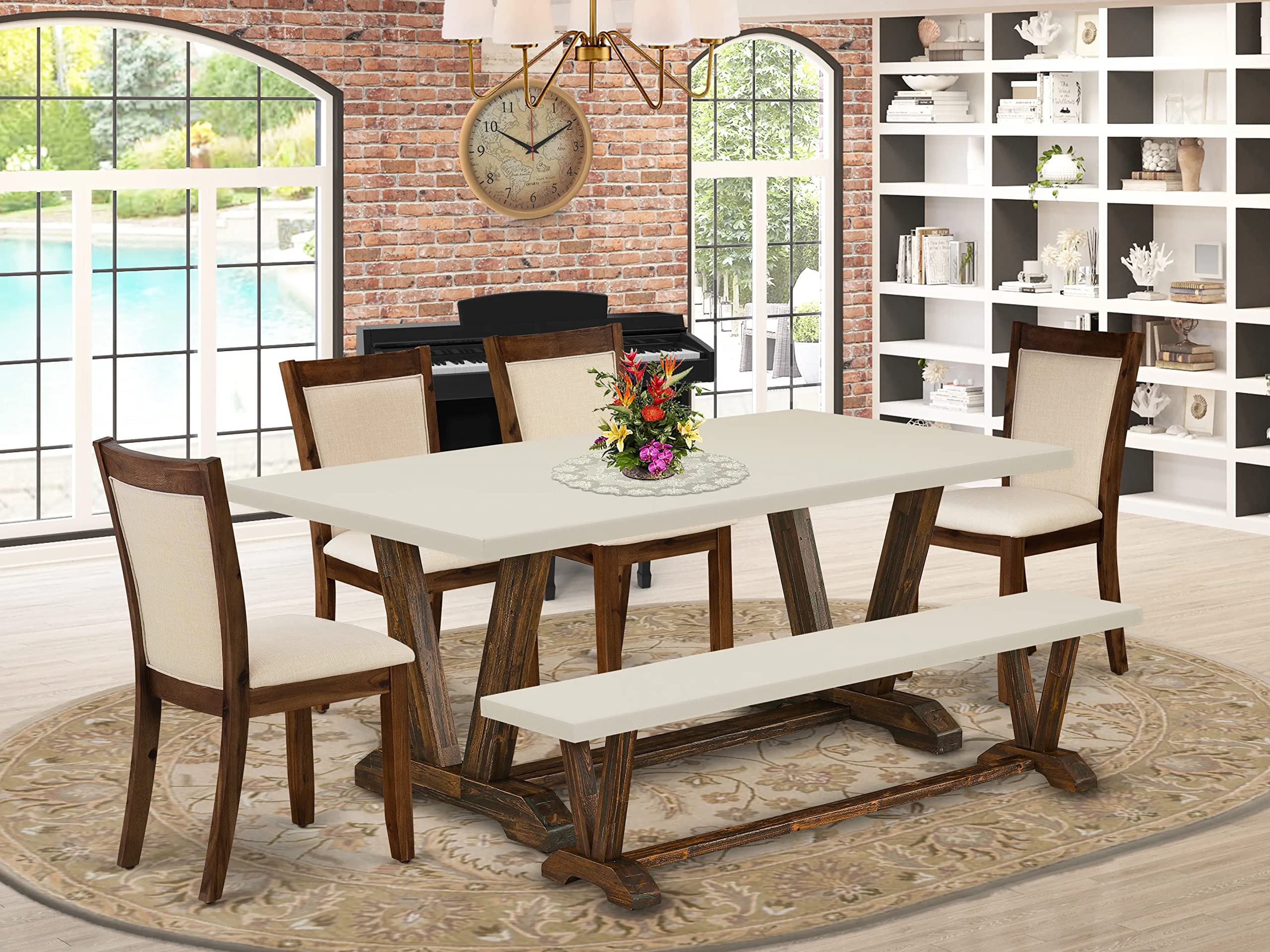 East West Furniture V-Style 6 Piece Set Contains A Rectangle Dining Room Table With V-Legs And 4 Light Beige Linen Fabric Parson Chairs With A Bench, 40X72 Inch, V727Mzn32-6
